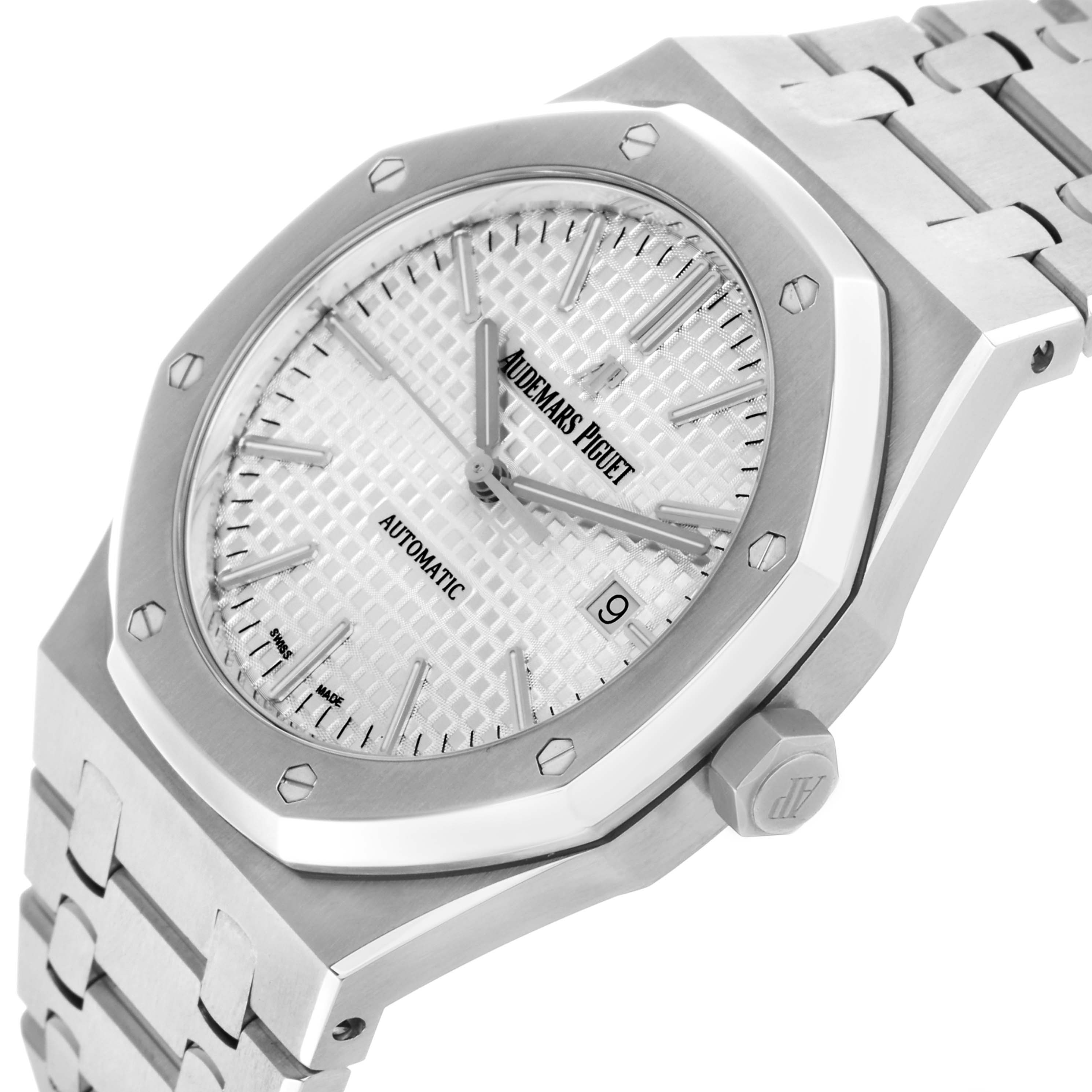 The Audemars Piguet Royal Oak 15400ST.OO.1220ST.02 Men's Stainless Steel Silver Dial watch is shown from an angled side view, highlighting the dial, bezel, bracelet, and crown.