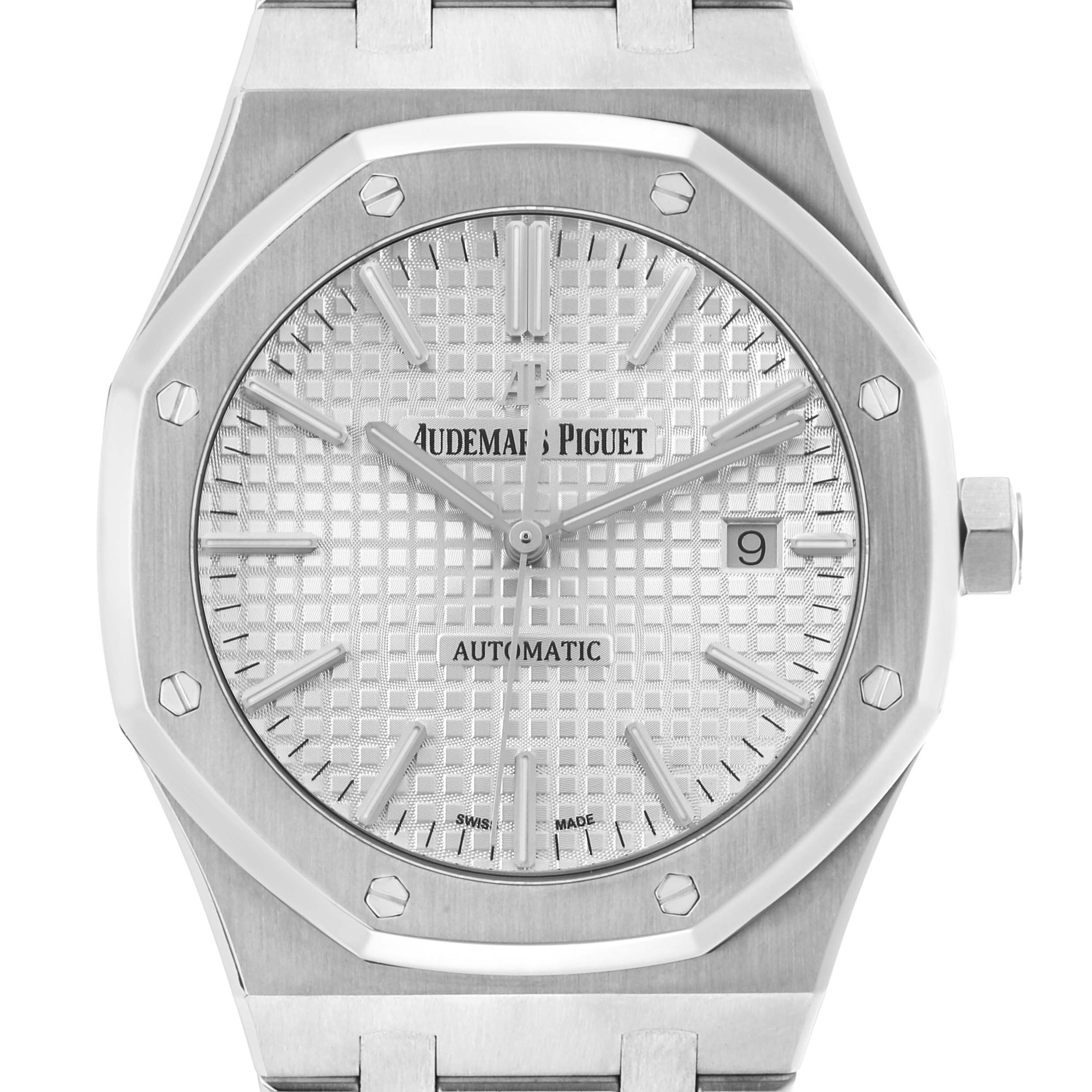 The image shows a front view of the Audemars Piguet Royal Oak 15400ST.OO.1220ST.02 Men's Stainless Steel Silver Dial watch, highlighting the dial, bezel, and crown.
