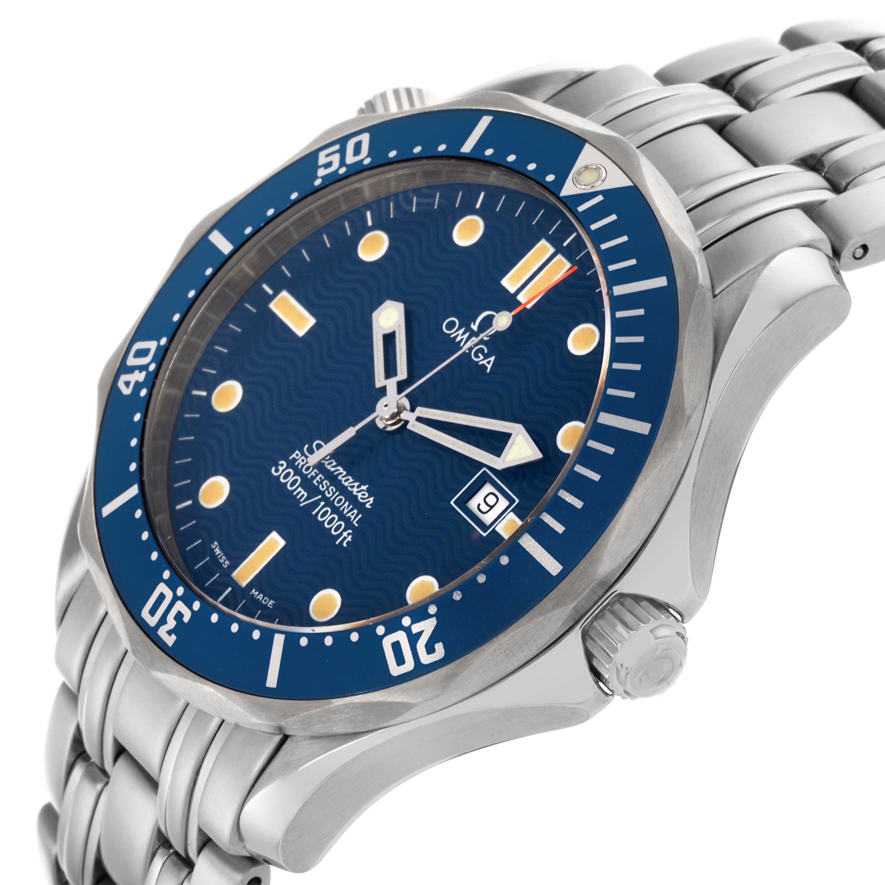 The Omega Seamaster 2541.80.00 Men
s Stainless Steel Blue Dial 2541.80.00 Men
s Stainless Steel Blue Dial watch is shown at a slight side angle, highlighting the dial, date window, bezel, and bracelet.
