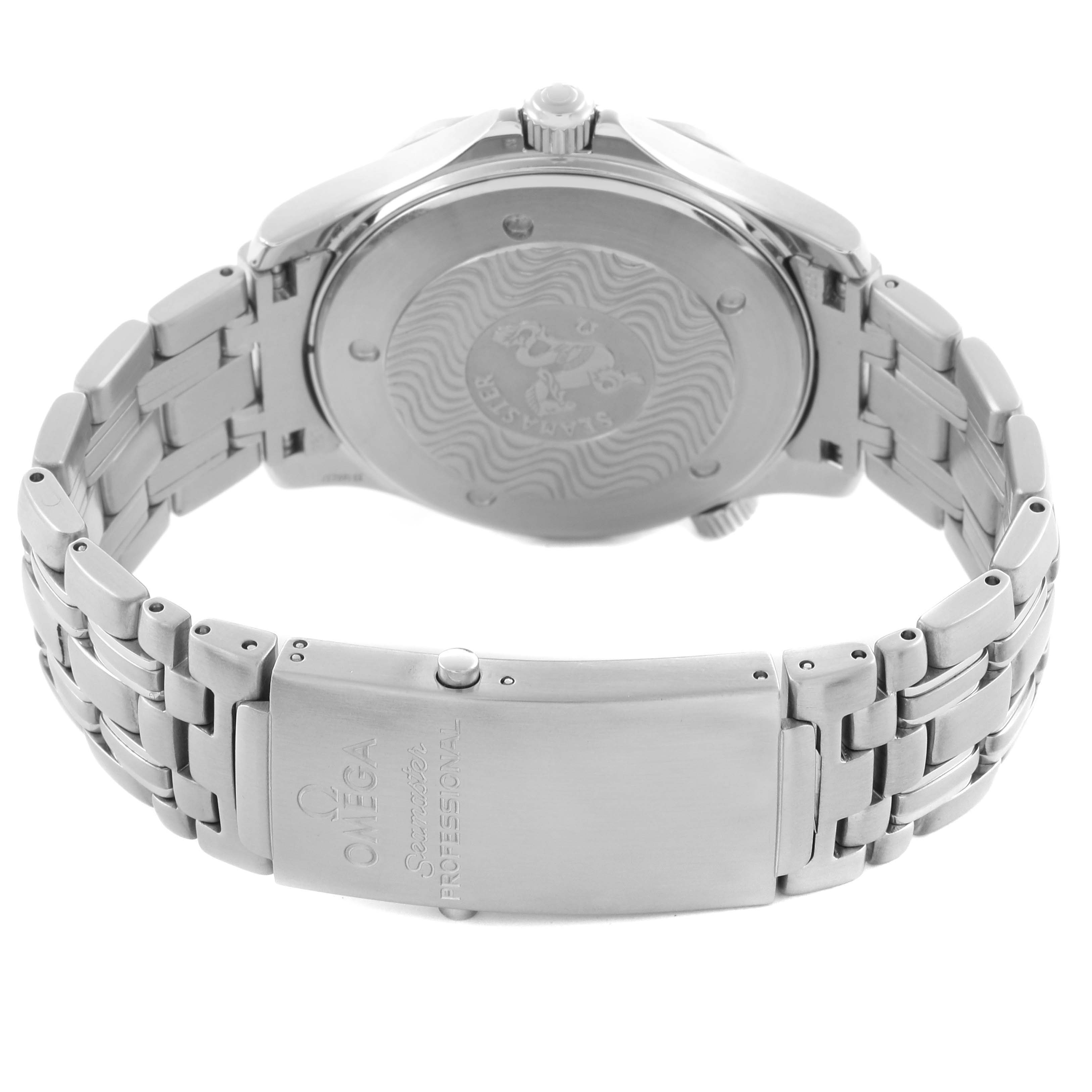 The Omega Seamaster 2541.80.00 Men
s Stainless Steel Blue Dial 2541.80.00 Men
s Stainless Steel Blue Dial watch is shown from the back, displaying its clasp and engraved case back.