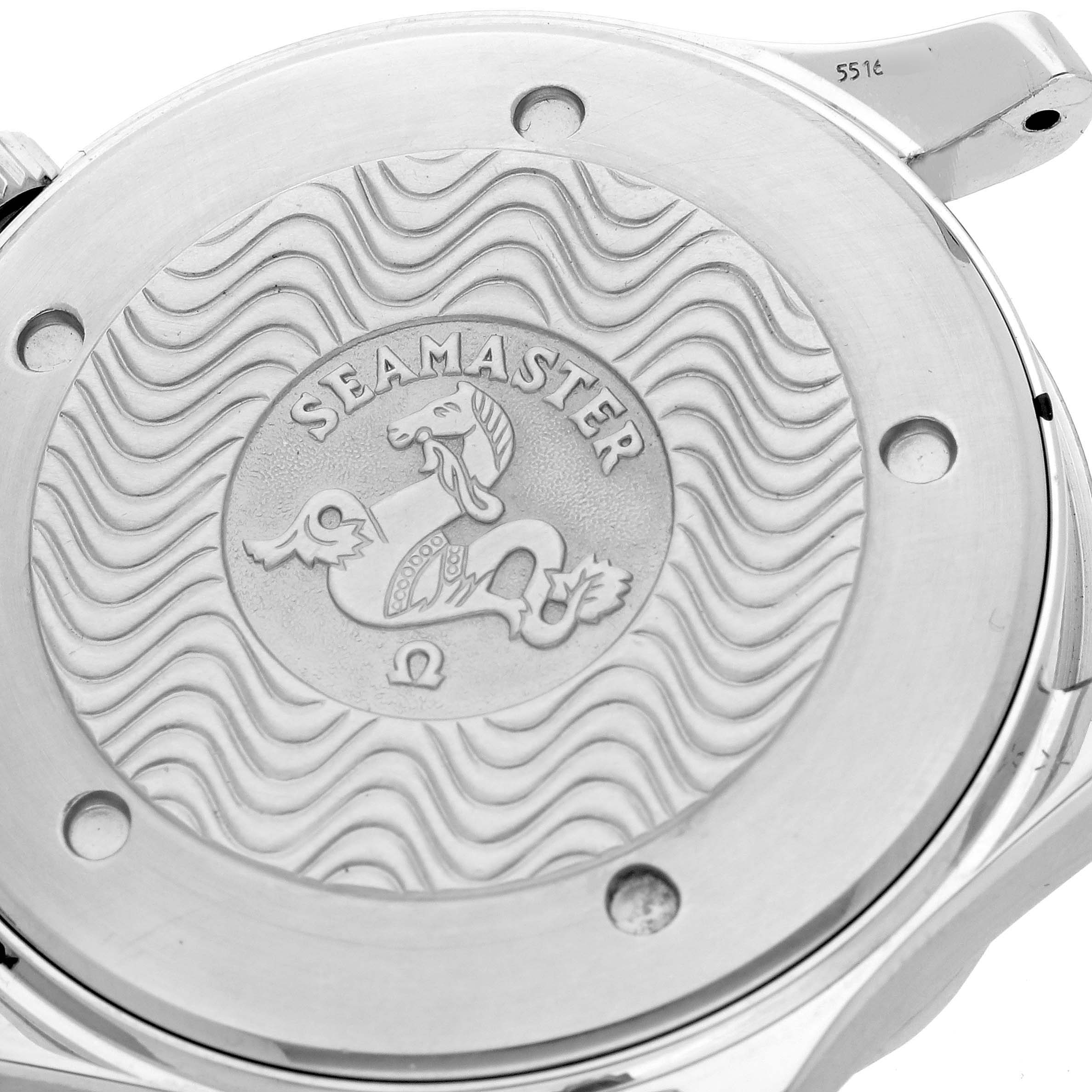 The image shows the back case of an Omega Seamaster 2541.80.00 Men
s Stainless Steel Blue Dial 2541.80.00 Men
s Stainless Steel Blue Dial watch with embossed design and brand markings.