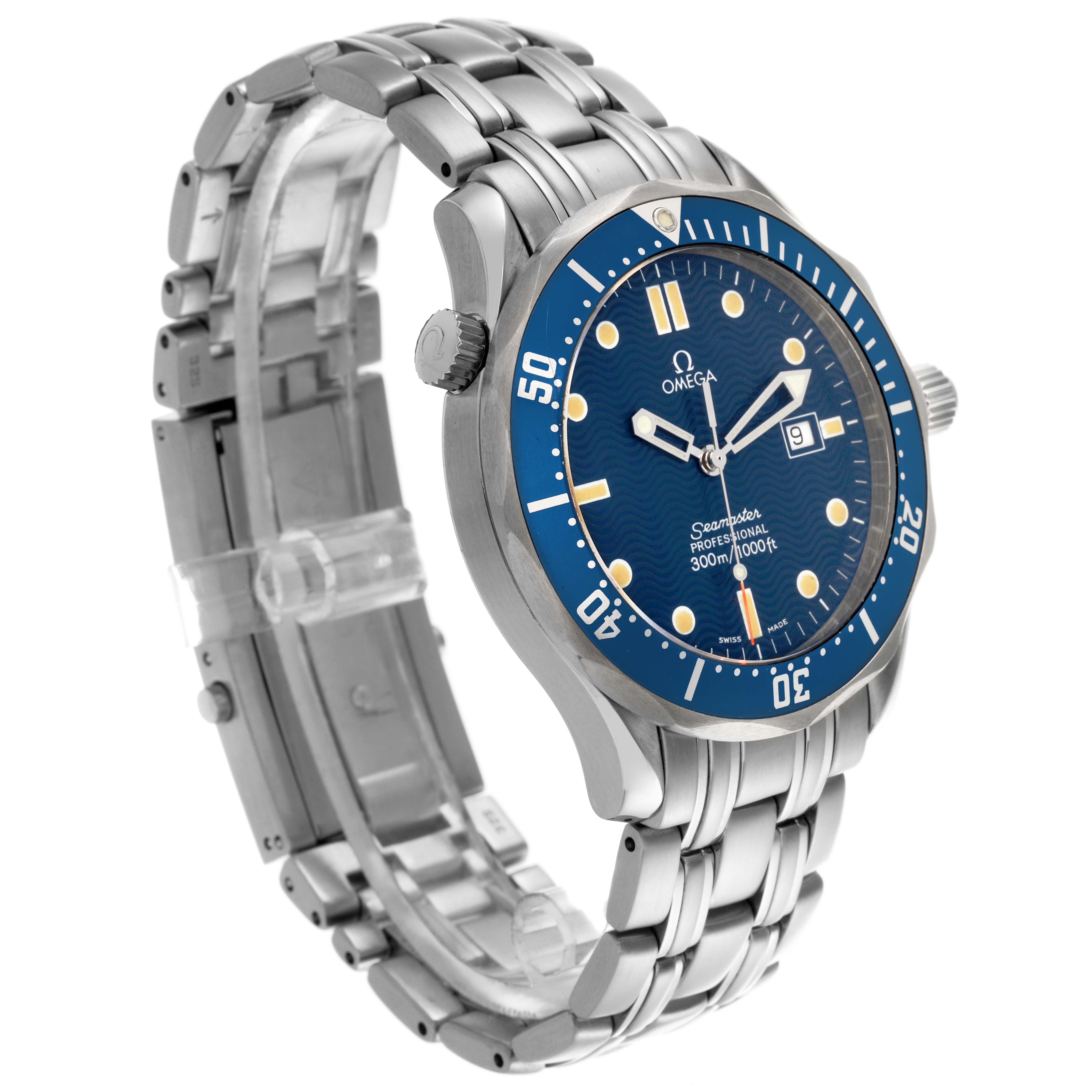 The Omega Seamaster 2541.80.00 Men
s Stainless Steel Blue Dial 2541.80.00 Men
s Stainless Steel Blue Dial watch is shown at a three-quarter angle, displaying its blue dial, bezel, and stainless steel bracelet.