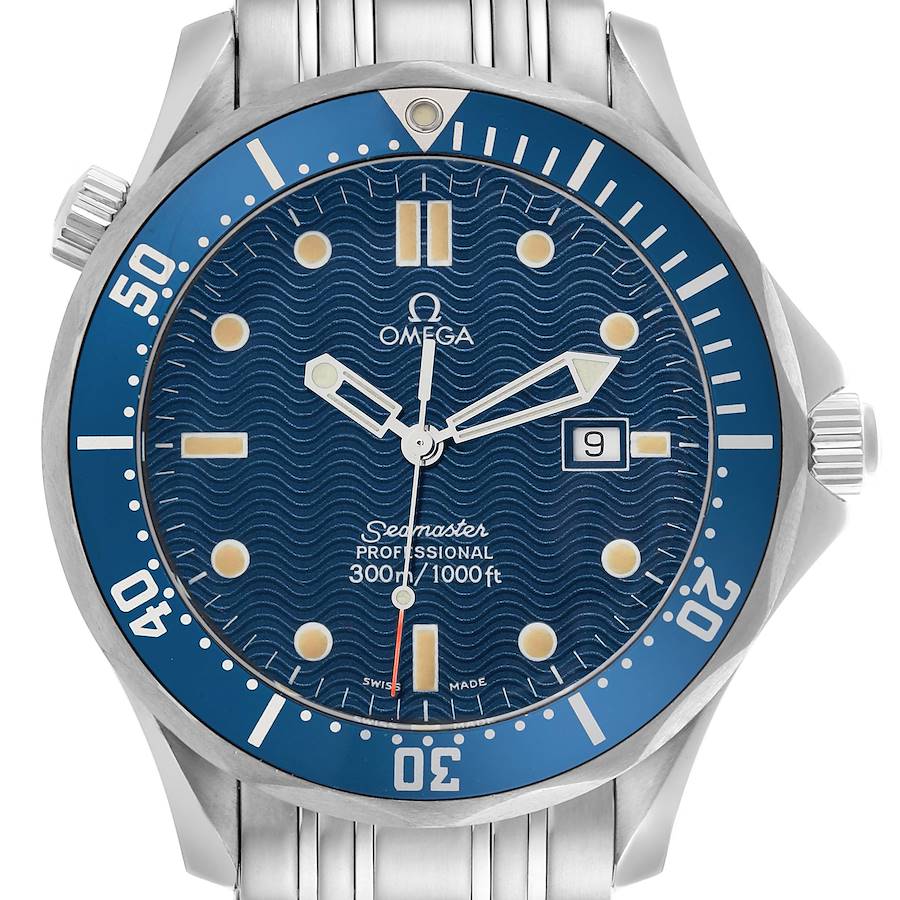 The Omega Seamaster watch is shown from the front, highlighting its dial, bezel, and crown.