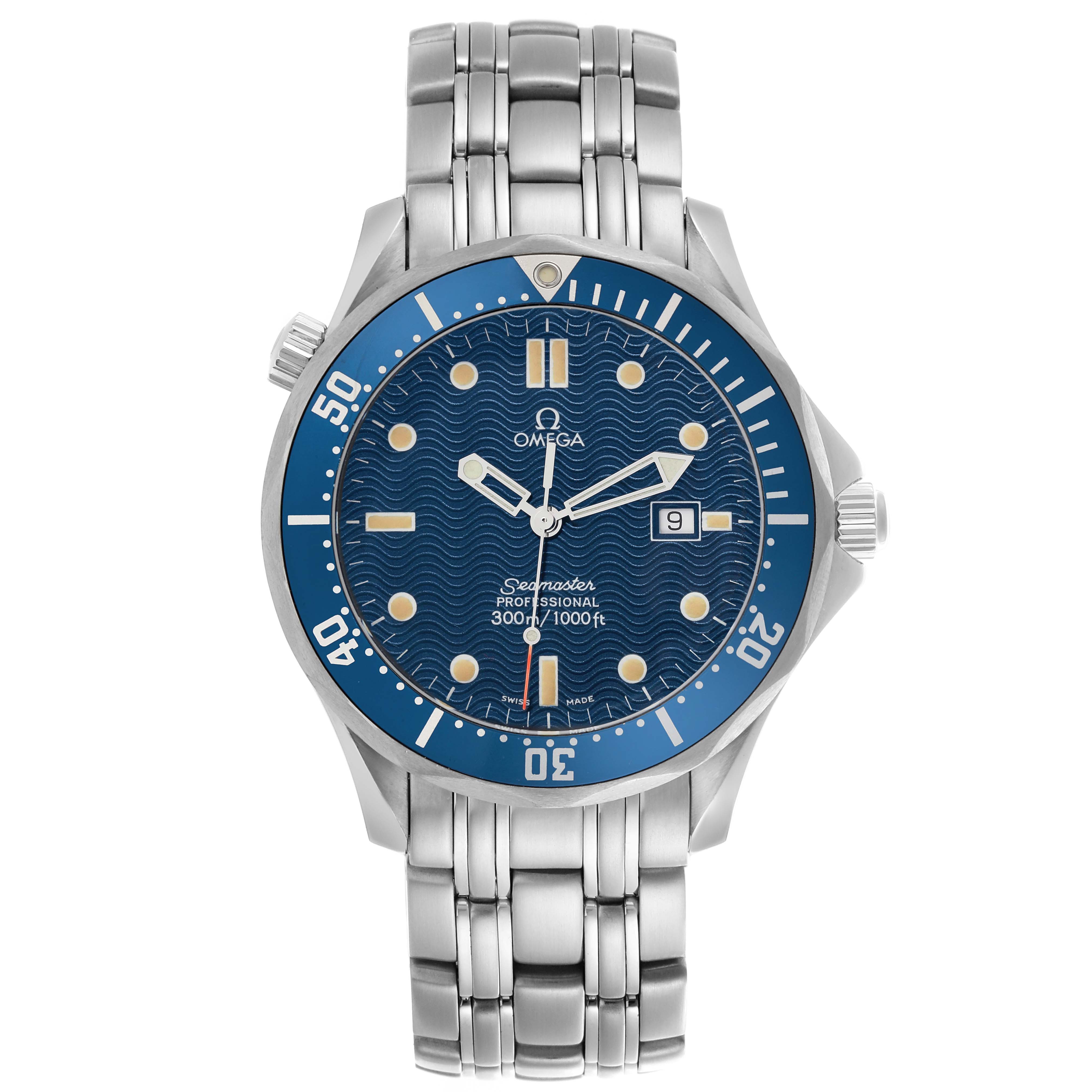 The Omega Seamaster 2541.80.00 Men
s Stainless Steel Blue Dial 2541.80.00 Men
s Stainless Steel Blue Dial watch is shown from a front angle, displaying the blue dial, bezel, bracelet, and crown.
