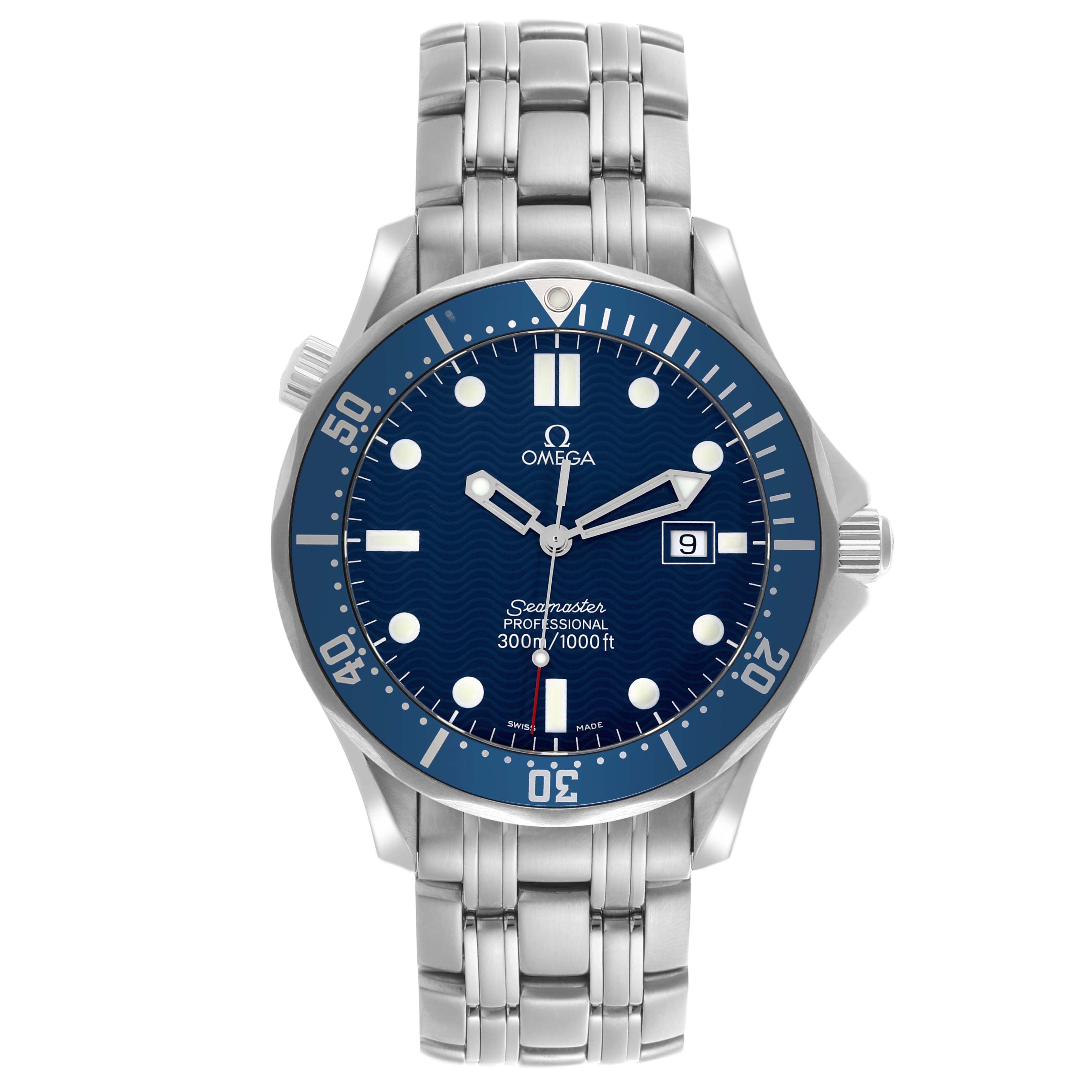 The Omega Seamaster 2541.80.00 Men
s Stainless Steel Blue Dial 2541.80.00 Men
s Stainless Steel Blue Dial watch is shown from a frontal angle, highlighting its blue dial, bezel, and metal bracelet.