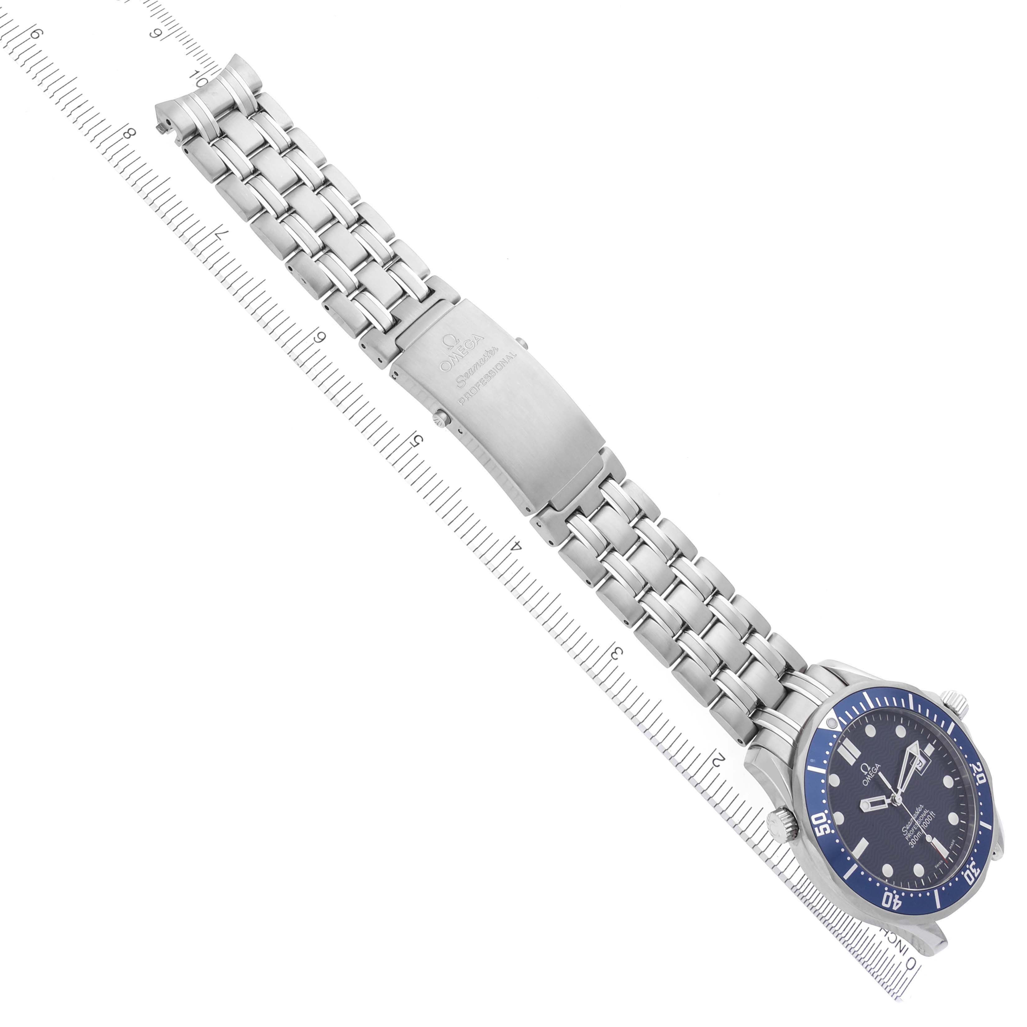 The Omega Seamaster 2541.80.00 Men
s Stainless Steel Blue Dial 2541.80.00 Men
s Stainless Steel Blue Dial watch is shown from an overhead angle, featuring the full bracelet and watch face.