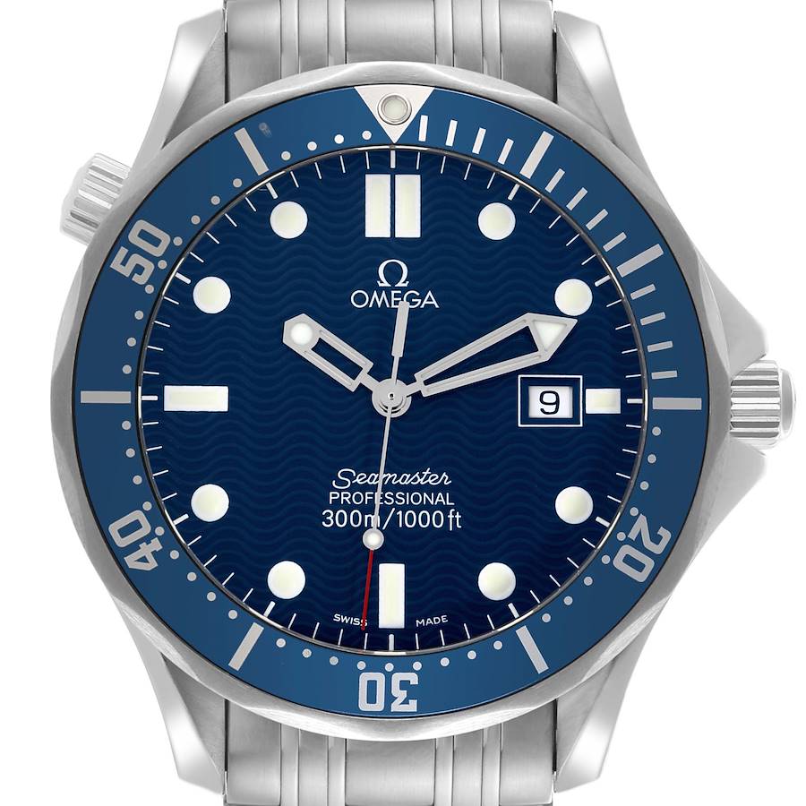 The Omega Seamaster watch is shown from the front, displaying the dial, bezel, hands, and part of the bracelet.