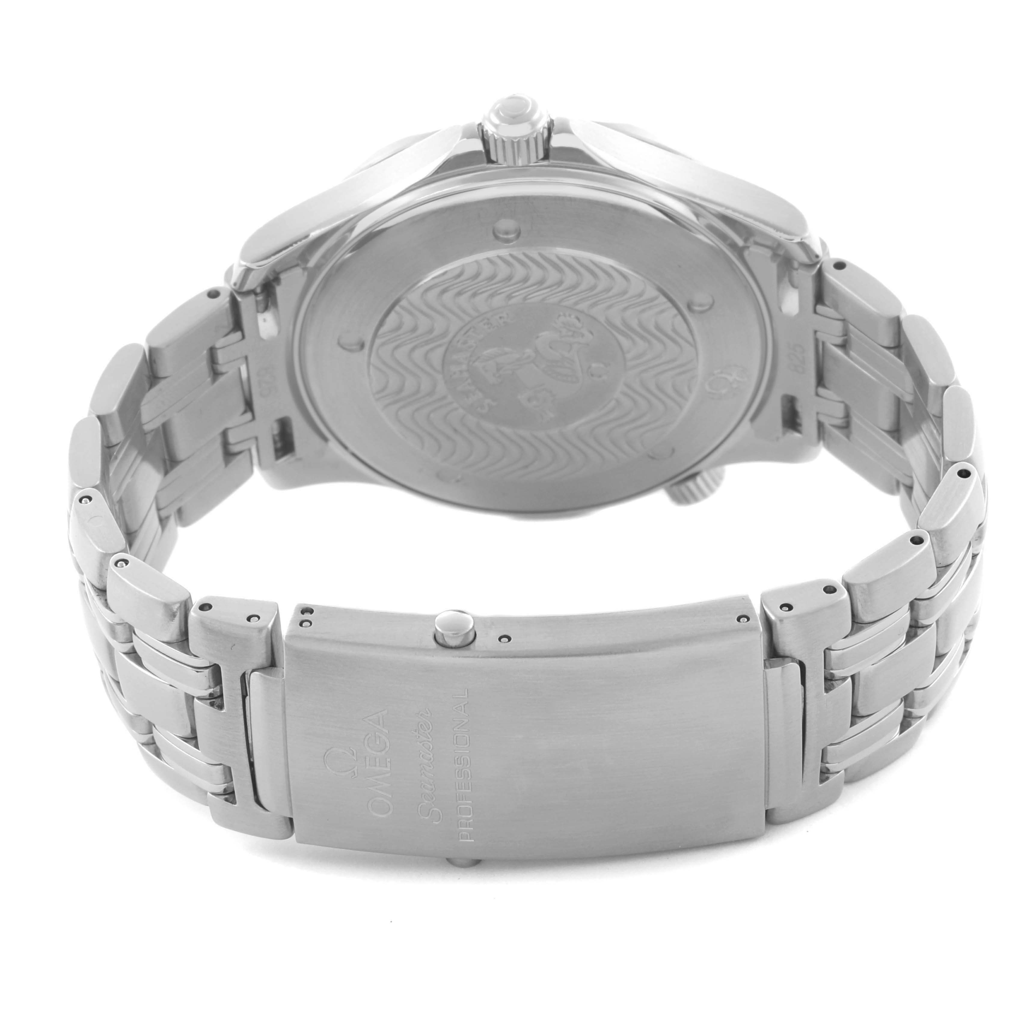 The Omega Seamaster 2541.80.00 Men
s Stainless Steel Blue Dial 2541.80.00 Men
s Stainless Steel Blue Dial watch is shown from the back, featuring the case back, bracelet, and clasp.