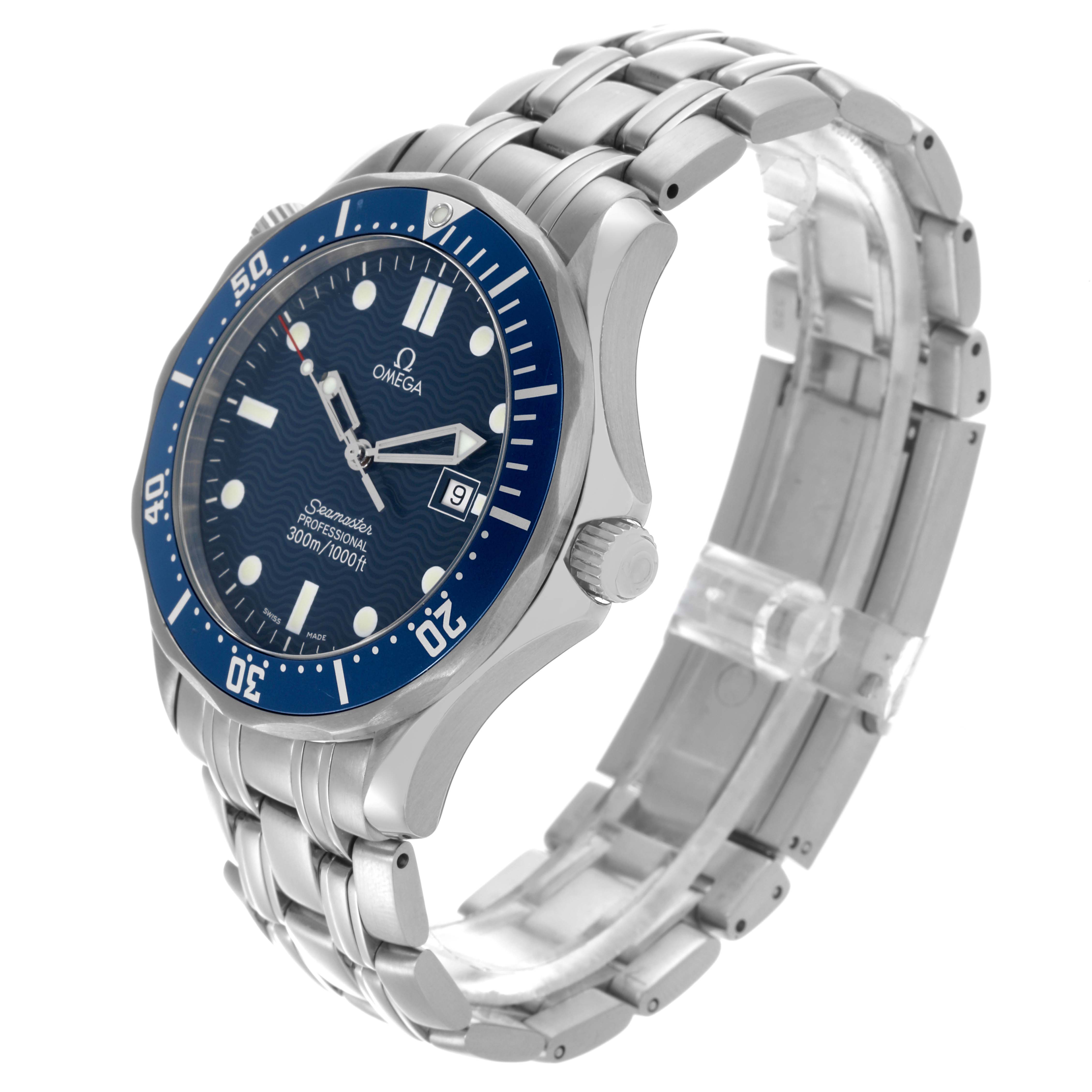 The Omega Seamaster 2541.80.00 Men
s Stainless Steel Blue Dial 2541.80.00 Men
s Stainless Steel Blue Dial watch is shown at a three-quarter angle, highlighting the bezel, dial, crown, and bracelet.