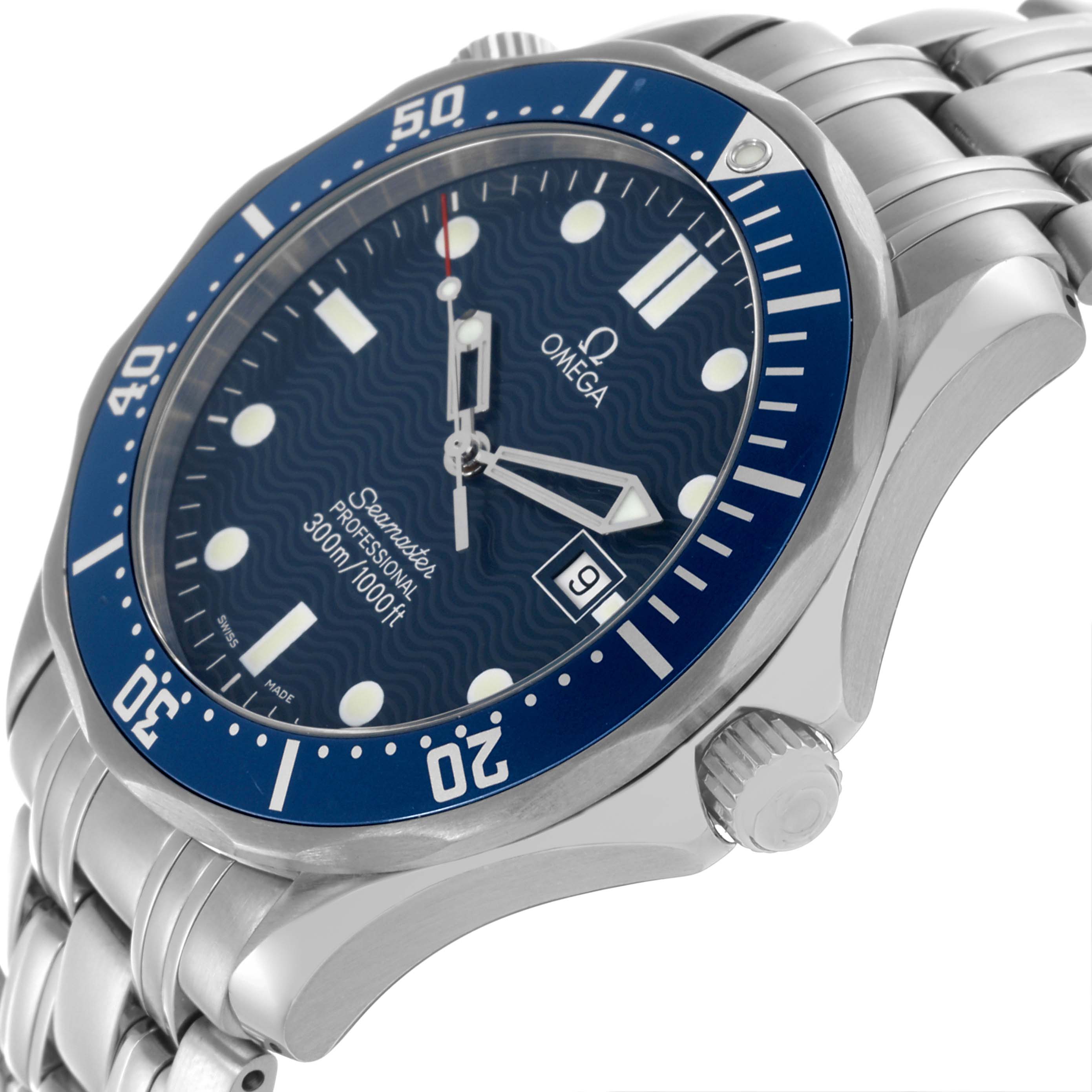 The Omega Seamaster 2541.80.00 Men
s Stainless Steel Blue Dial 2541.80.00 Men
s Stainless Steel Blue Dial watch is shown from an oblique angle highlighting the blue bezel, dial, markers, and crown.