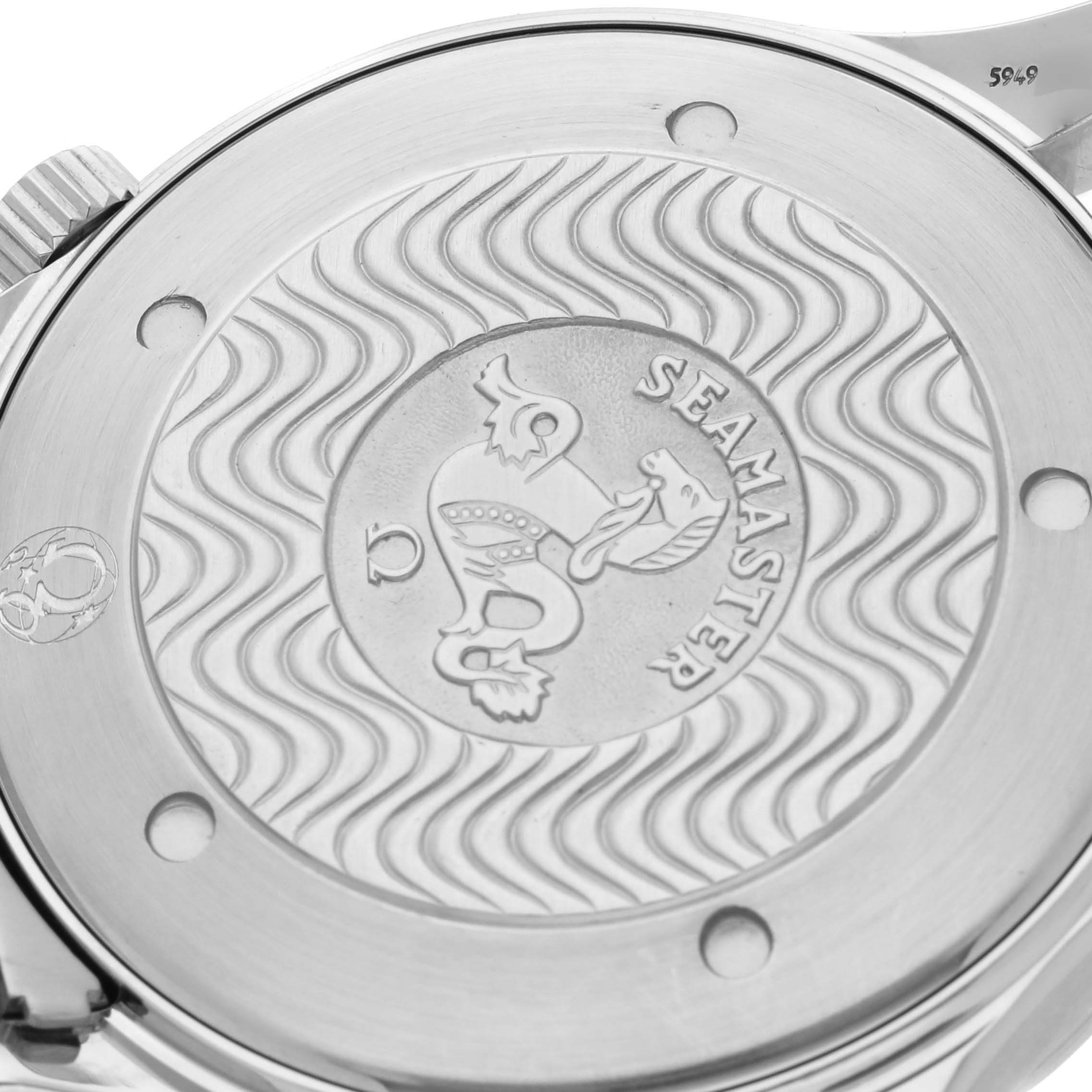 The image shows the engraved case back of an Omega Seamaster 2541.80.00 Men
s Stainless Steel Blue Dial 2541.80.00 Men
s Stainless Steel Blue Dial watch from a top-down angle.