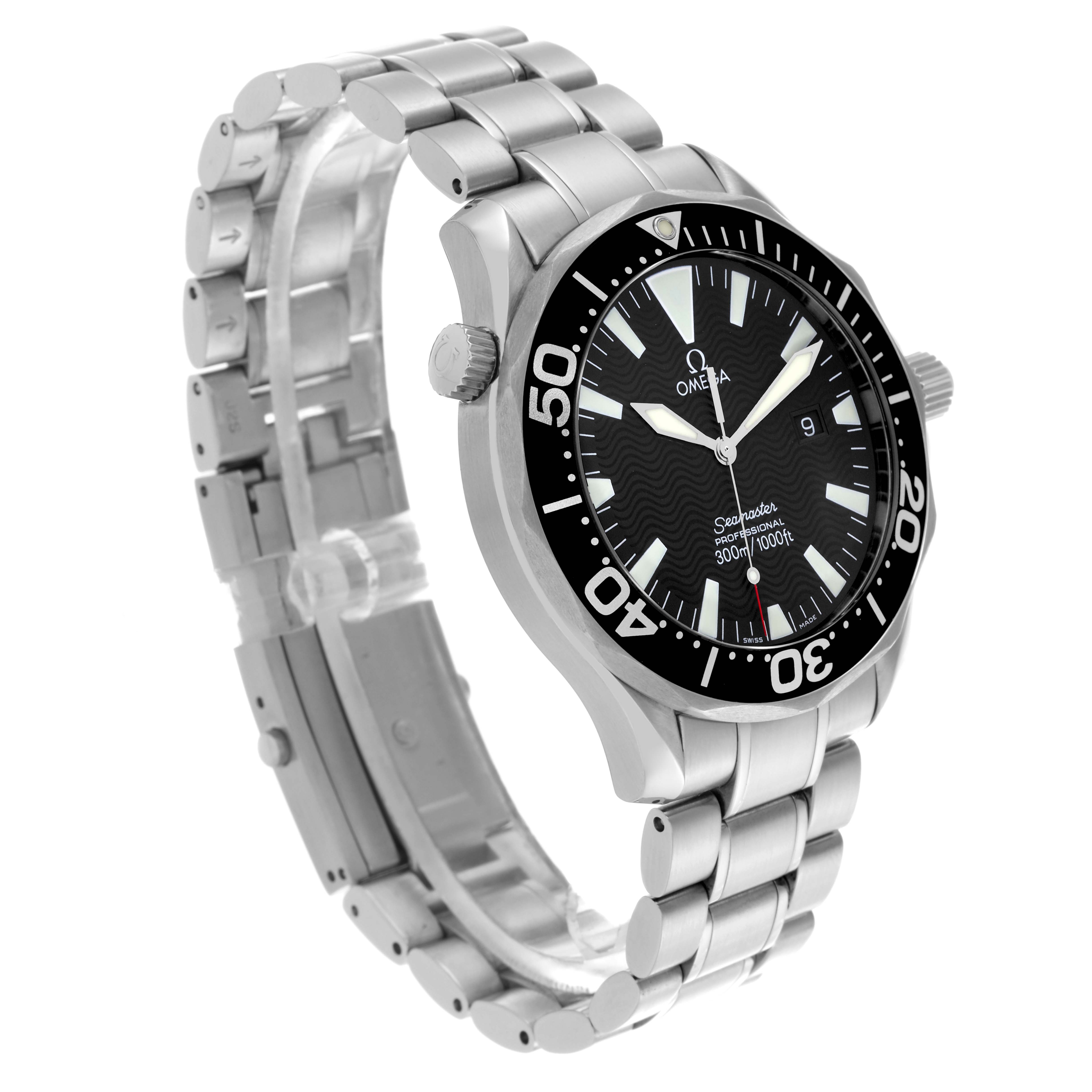The Omega Seamaster 2264.50.00 Men
s Stainless Steel Black Dial 2264.50.00 Men
s Stainless Steel Black Dial watch is shown at a three-quarter angle, featuring its face, bezel, crown, and bracelet.