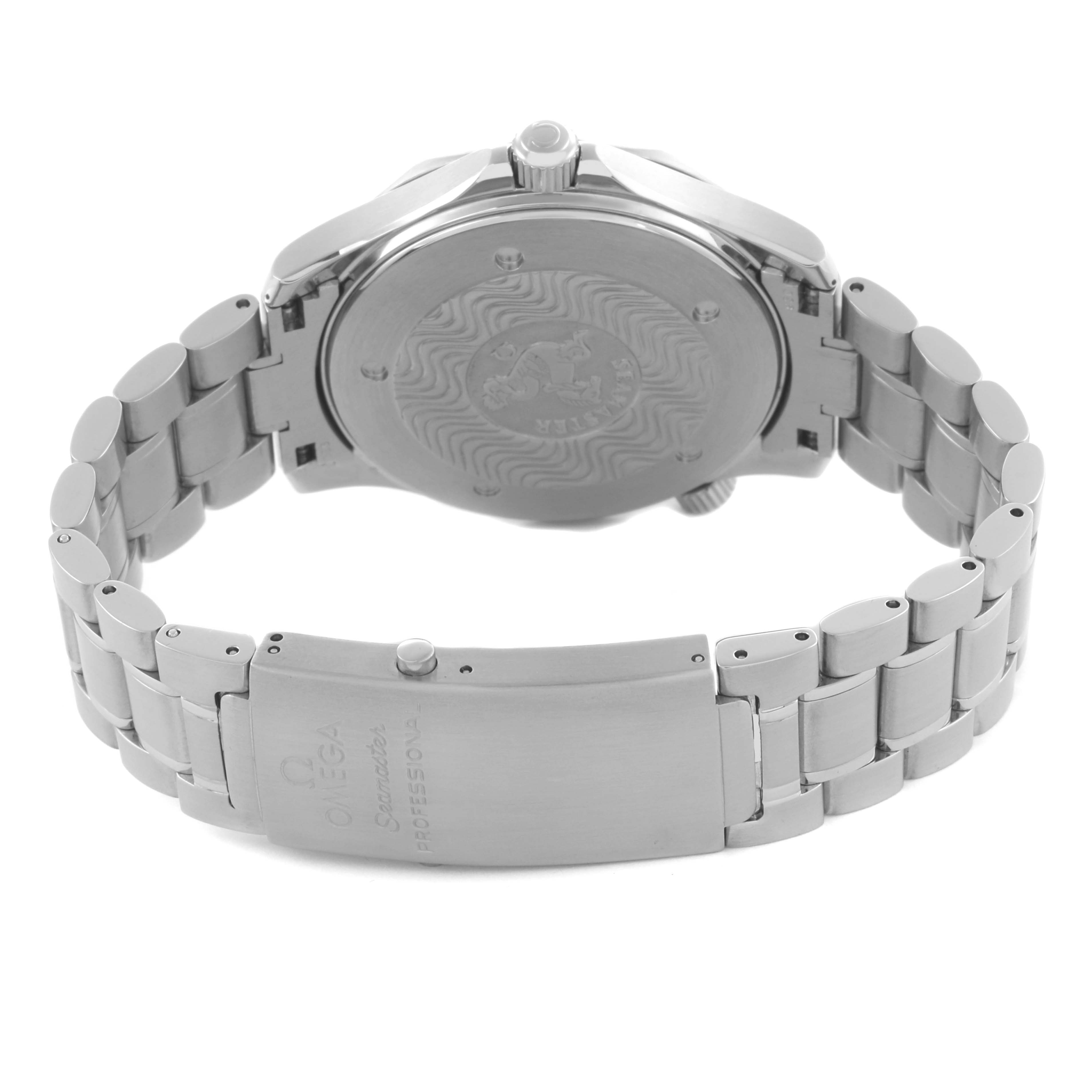 The image shows the back and clasp of the Omega Seamaster 2264.50.00 Men
s Stainless Steel Black Dial 2264.50.00 Men
s Stainless Steel Black Dial, highlighting the bracelet and engraved case back.