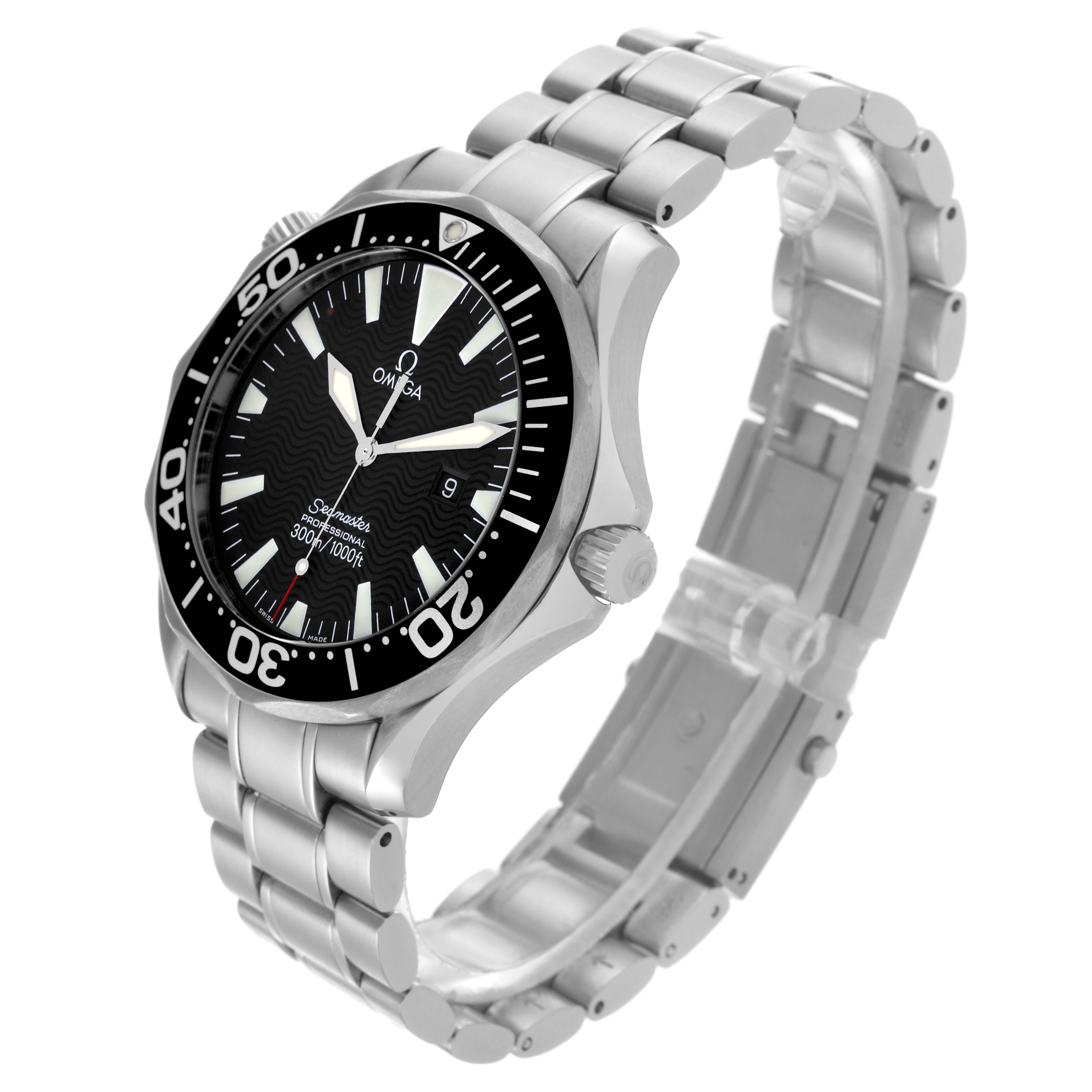 The Omega Seamaster 2264.50.00 Men
s Stainless Steel Black Dial 2264.50.00 Men
s Stainless Steel Black Dial watch is shown at a three-quarter angle, highlighting the face, bezel, crown, and bracelet.