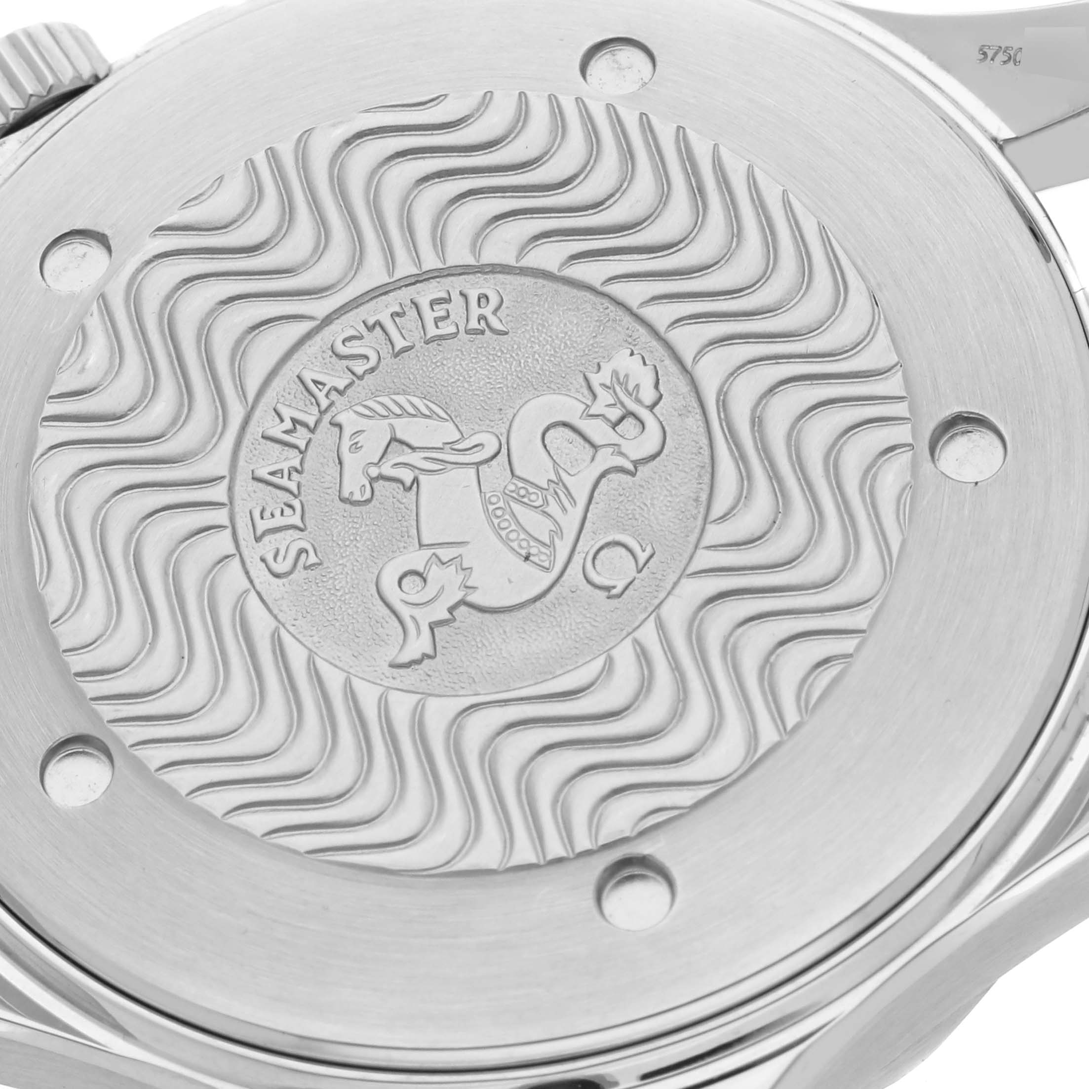 The image shows the back case of an Omega Seamaster 2264.50.00 Men
s Stainless Steel Black Dial 2264.50.00 Men
s Stainless Steel Black Dial watch, featuring its embossed logo and decorative pattern.