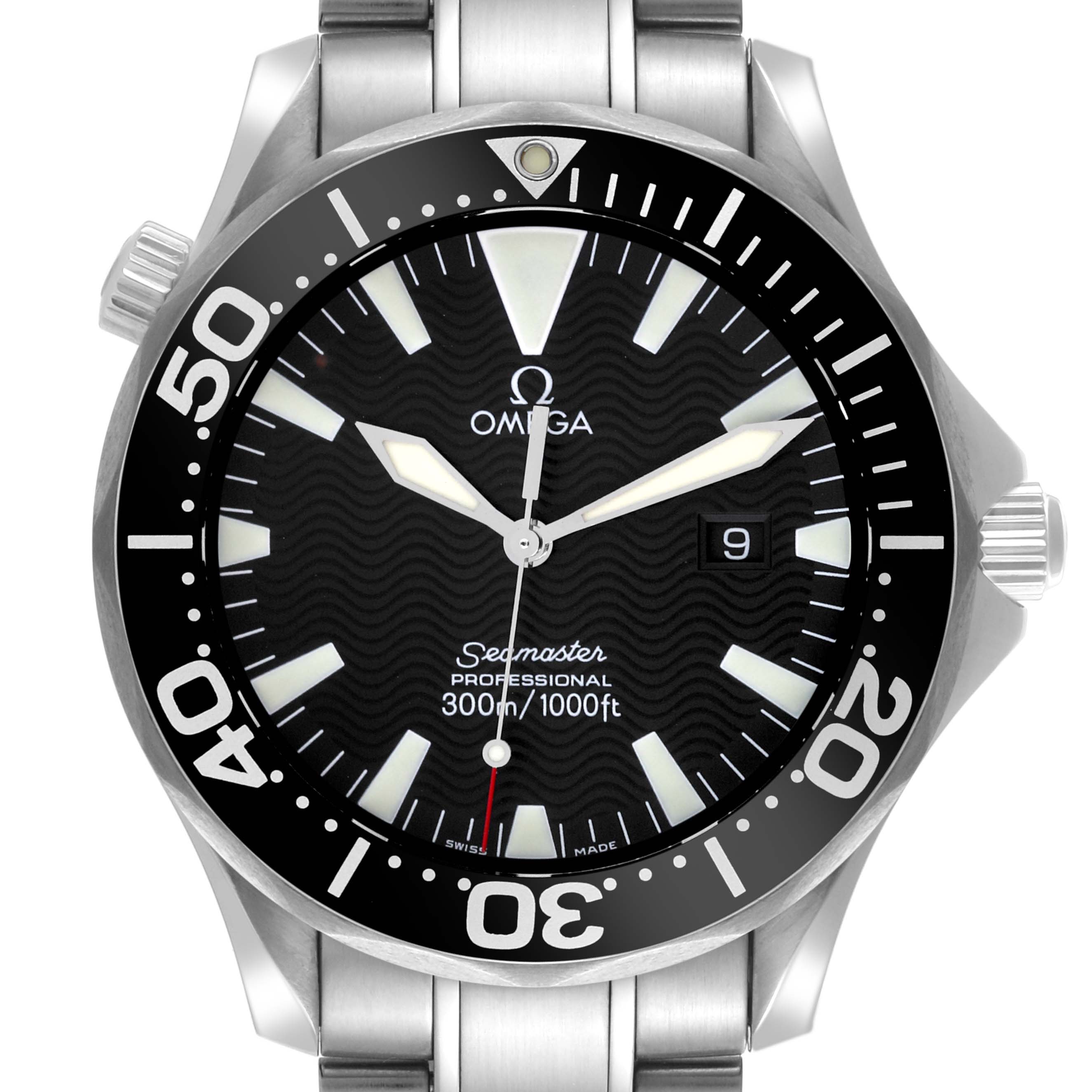 The Omega Seamaster 2264.50.00 Men
s Stainless Steel Black Dial 2264.50.00 Men
s Stainless Steel Black Dial watch is shown from the front angle, displaying its dial, bezel, and part of the bracelet.