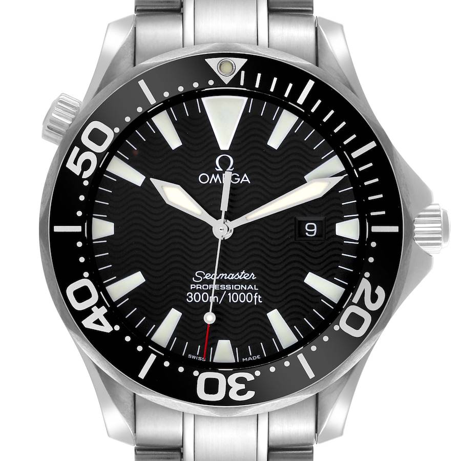 The Omega Seamaster watch is shown from the front angle, displaying its dial, bezel, and part of the bracelet.