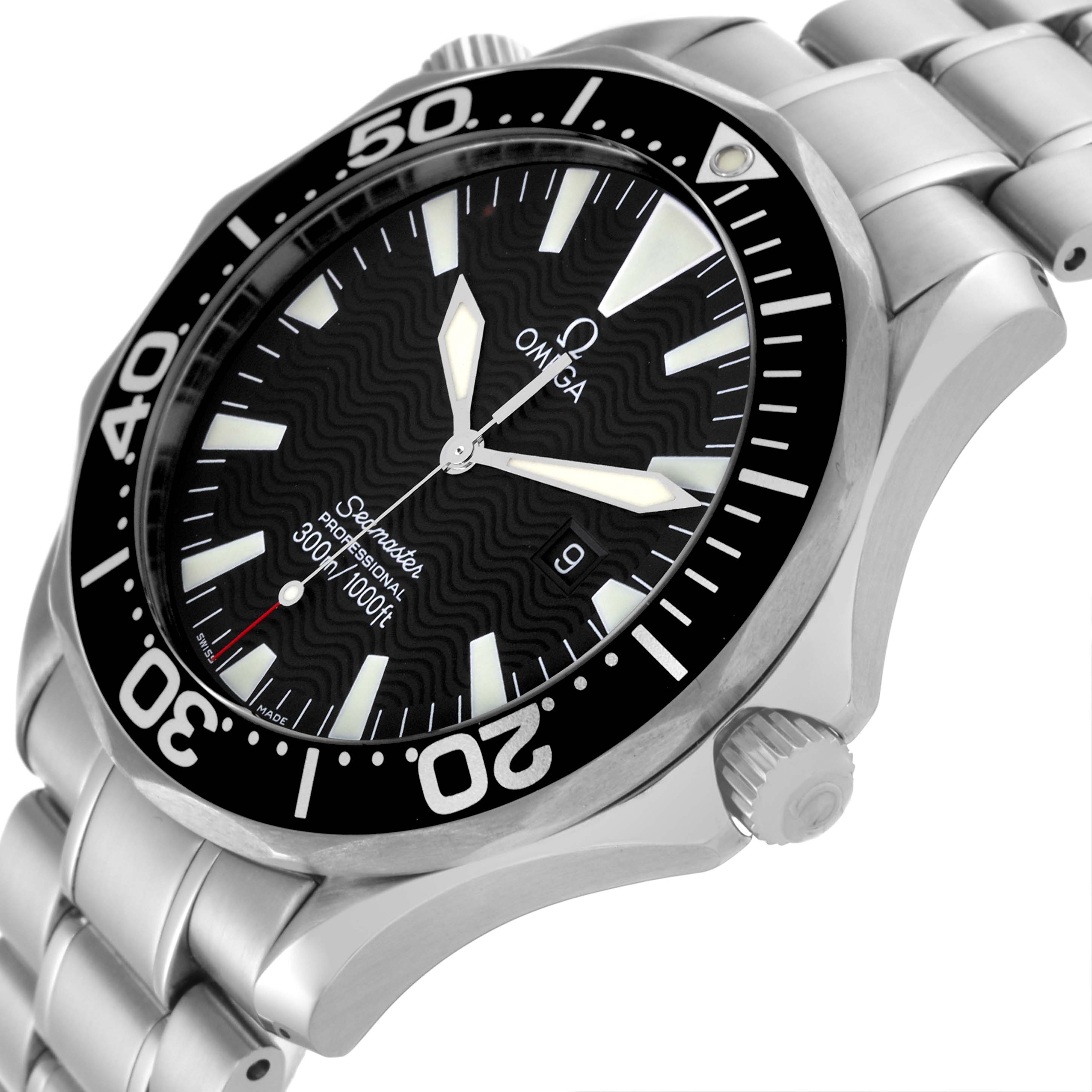 The Omega Seamaster 2264.50.00 Men
s Stainless Steel Black Dial 2264.50.00 Men
s Stainless Steel Black Dial watch is shown at a slight angle, highlighting the dial, bezel, crown, and part of the bracelet.