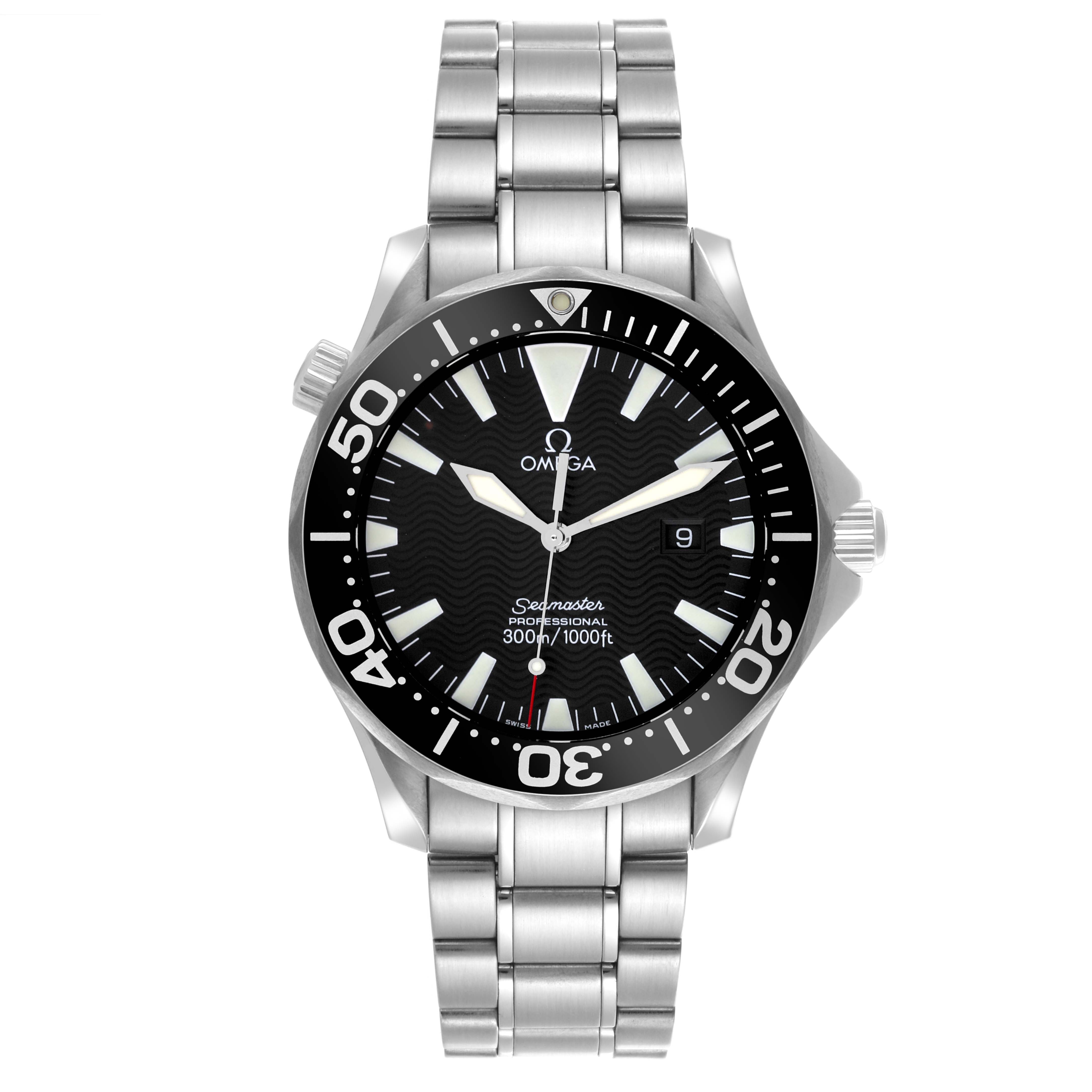 The Omega Seamaster 2264.50.00 Men
s Stainless Steel Black Dial 2264.50.00 Men
s Stainless Steel Black Dial watch is shown from a front angle, displaying the face, bezel, and stainless steel bracelet.