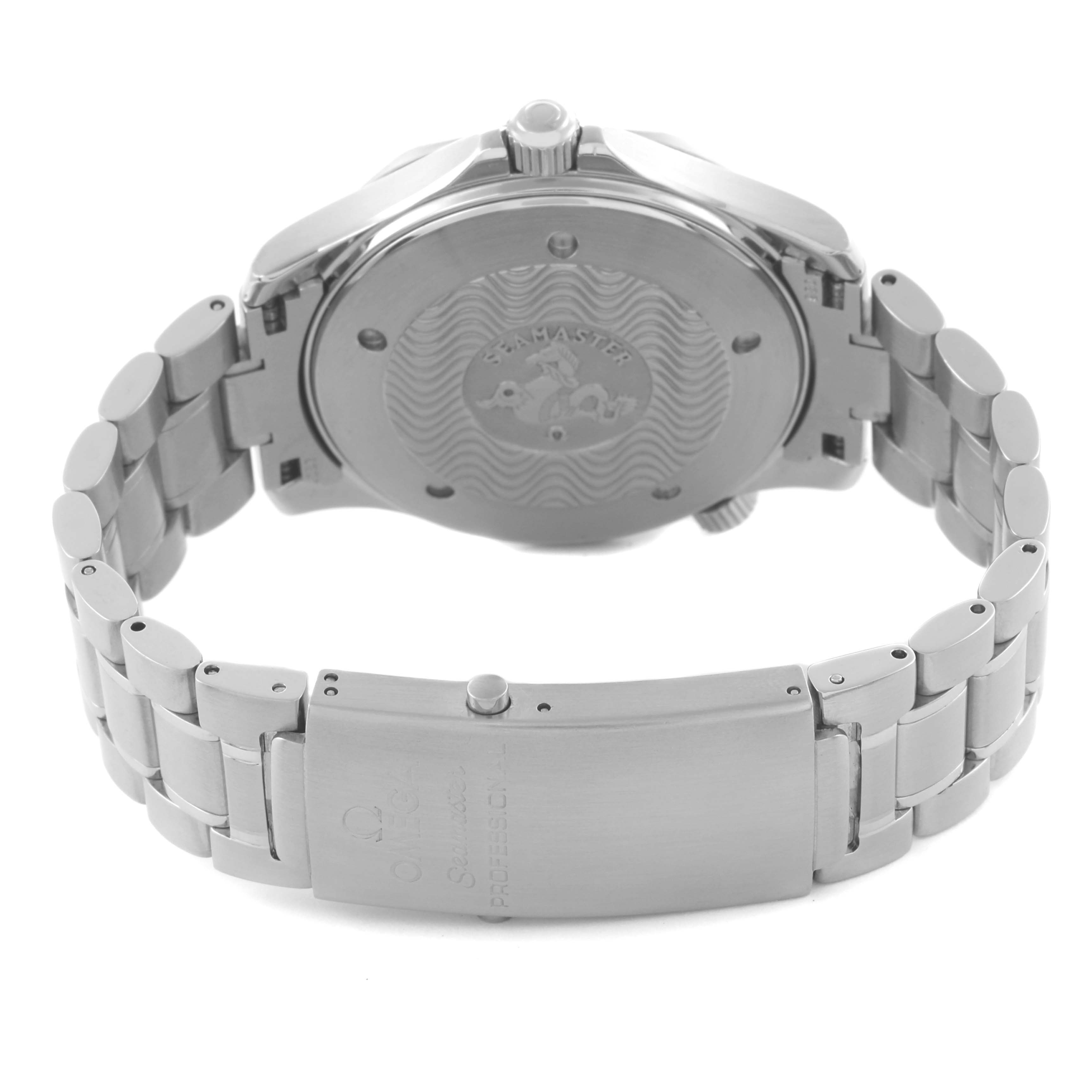 The image shows the back of an Omega Seamaster 2264.50.00 Men's Stainless Steel Black Dial 2264.50.00 Men's Stainless Steel Black Dial watch, highlighting the case back and stainless steel bracelet with a clasp.