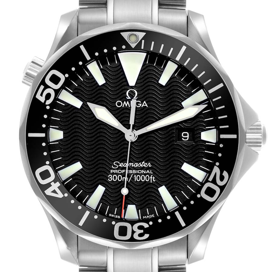 The Omega Seamaster watch is shown from a front angle, displaying the dial, bezel, and part of the bracelet.