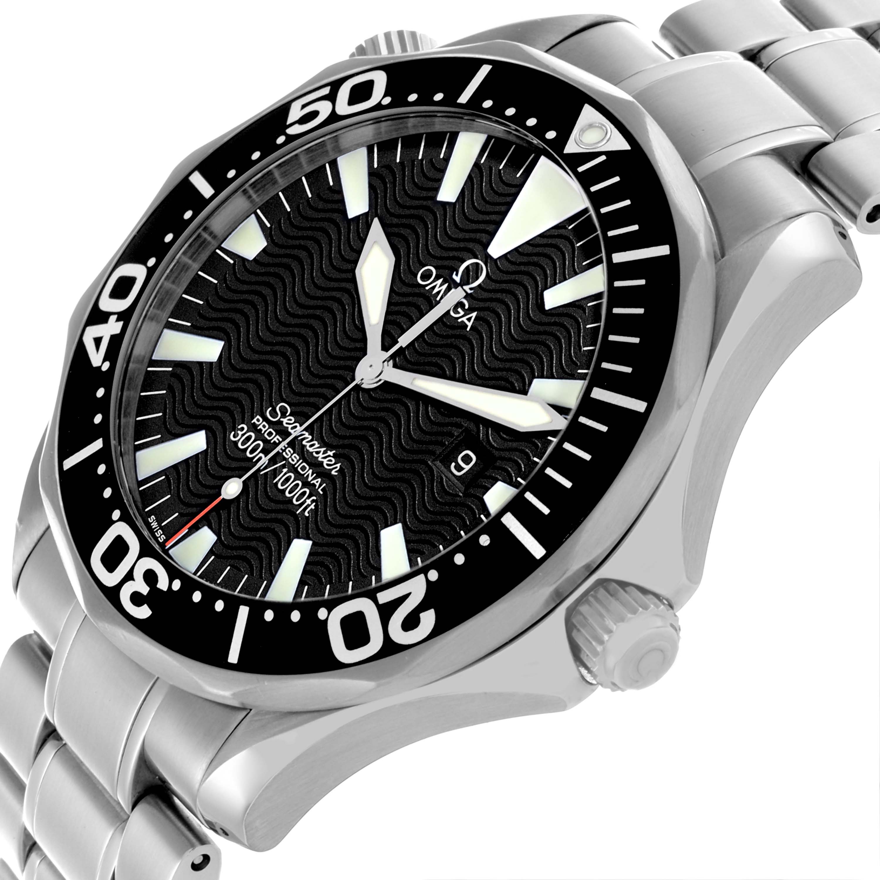 The Omega Seamaster 2264.50.00 Men's Stainless Steel Black Dial 2264.50.00 Men's Stainless Steel Black Dial watch is shown at an angled view highlighting the bezel, face, crown, and part of the bracelet.