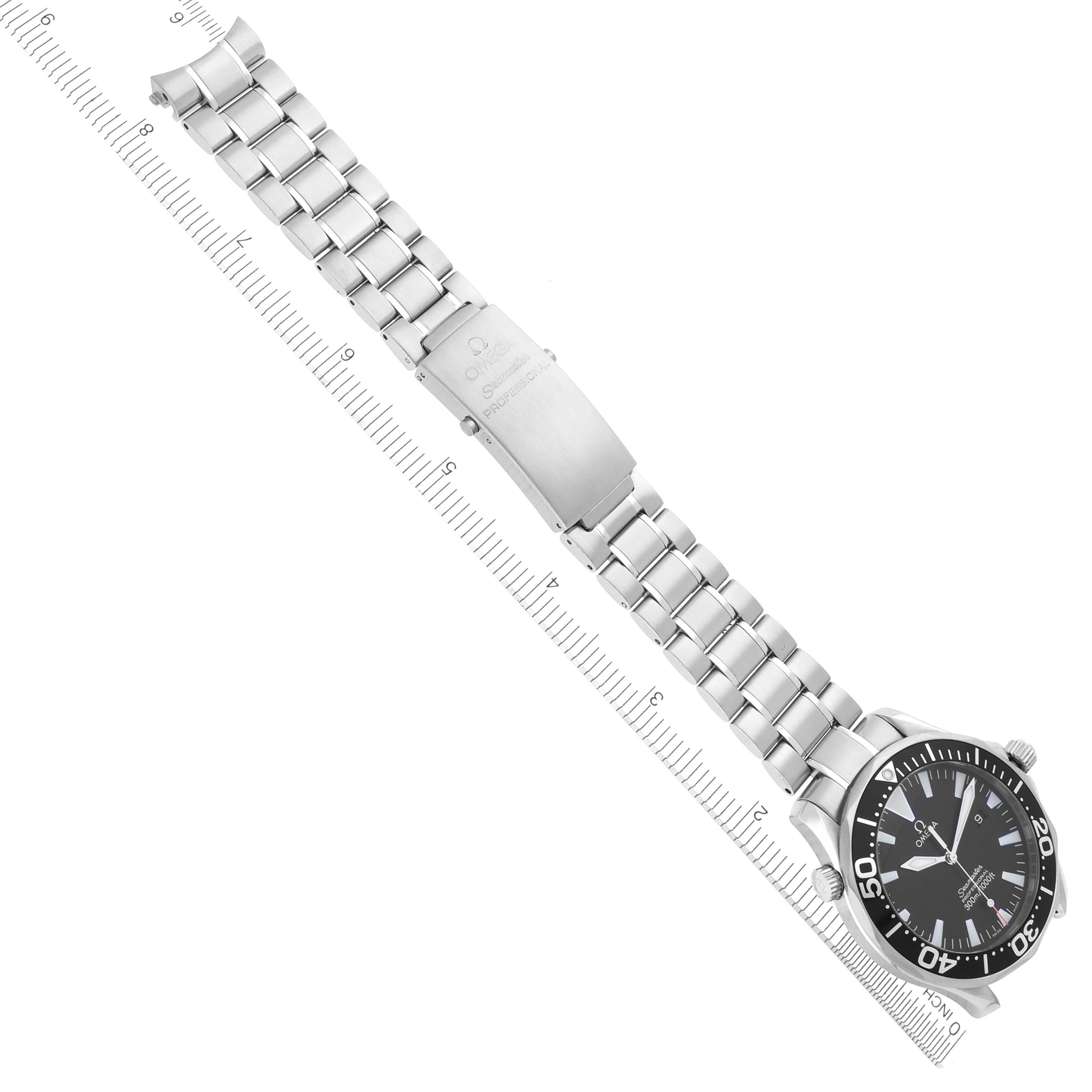 The Omega Seamaster 2264.50.00 Men's Stainless Steel Black Dial 2264.50.00 Men's Stainless Steel Black Dial watch is shown at an angled top view, featuring the dial, bezel, case, and full metal bracelet with clasp.