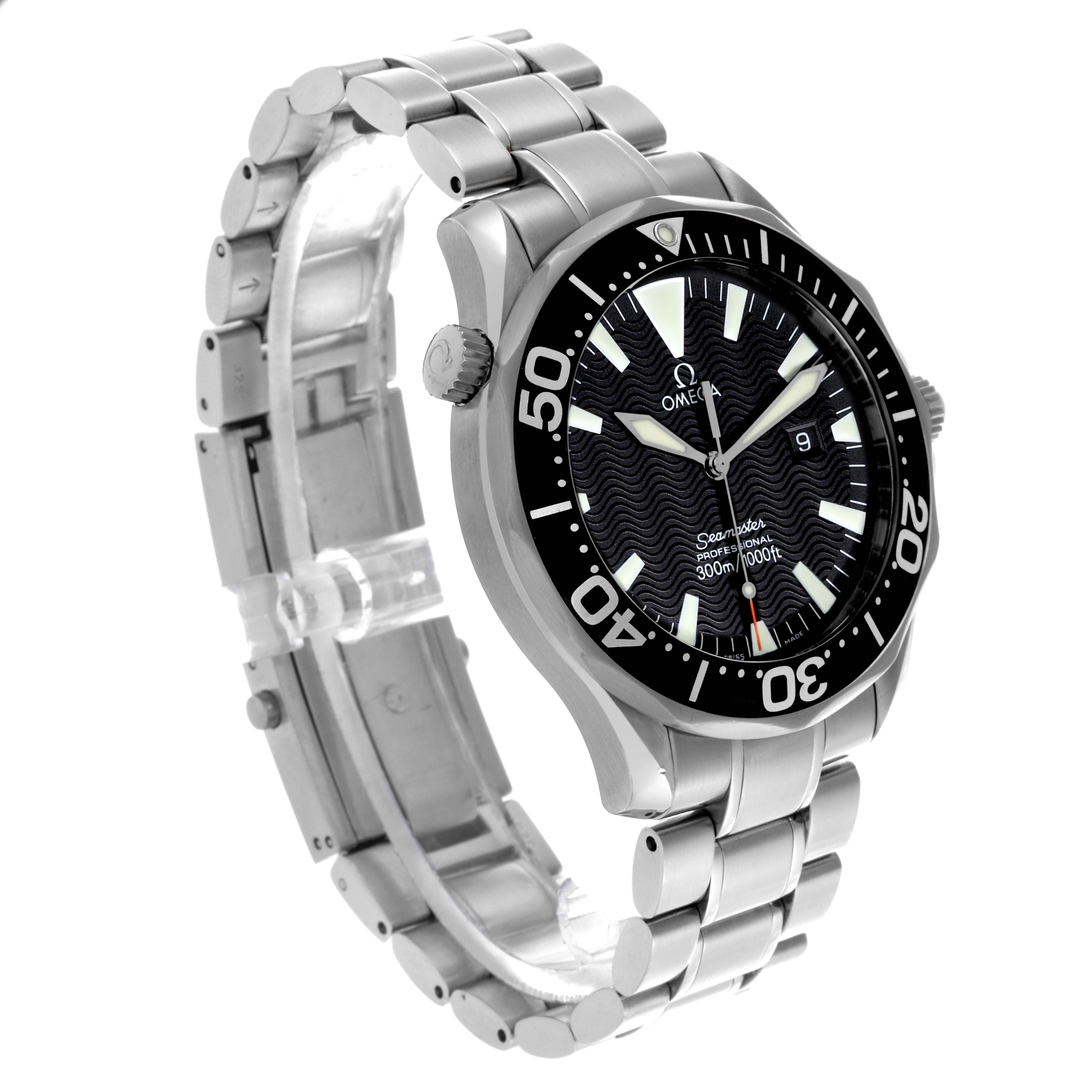 The Omega Seamaster 2264.50.00 Men's Stainless Steel Black Dial 2264.50.00 Men's Stainless Steel Black Dial watch is shown at a three-quarter angle, highlighting the case, bezel, dial, and bracelet.