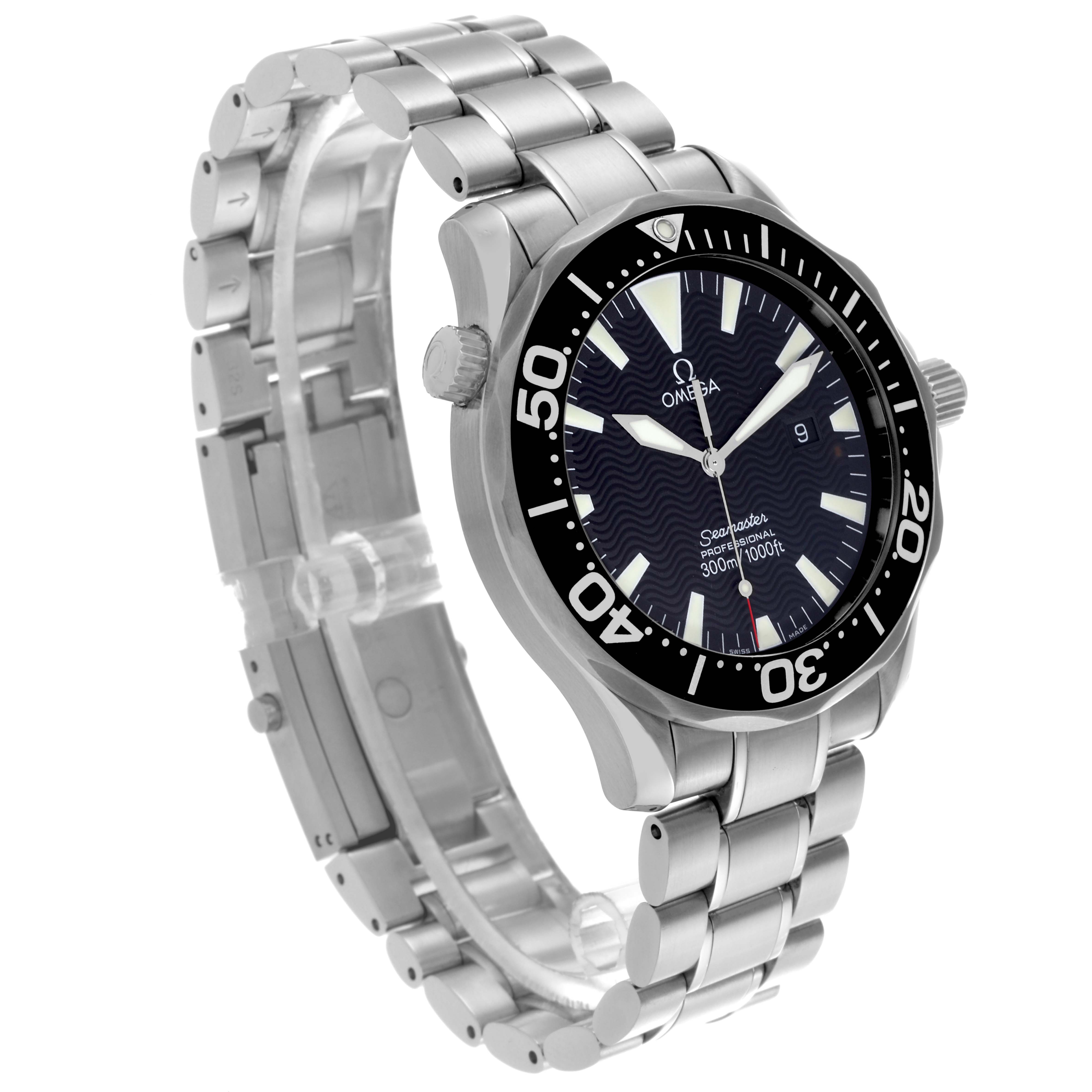 The Omega Seamaster 2264.50.00 Men's Stainless Steel Black Dial 2264.50.00 Men's Stainless Steel Black Dial watch is shown at a three-quarter angle, highlighting the dial and stainless steel bracelet.