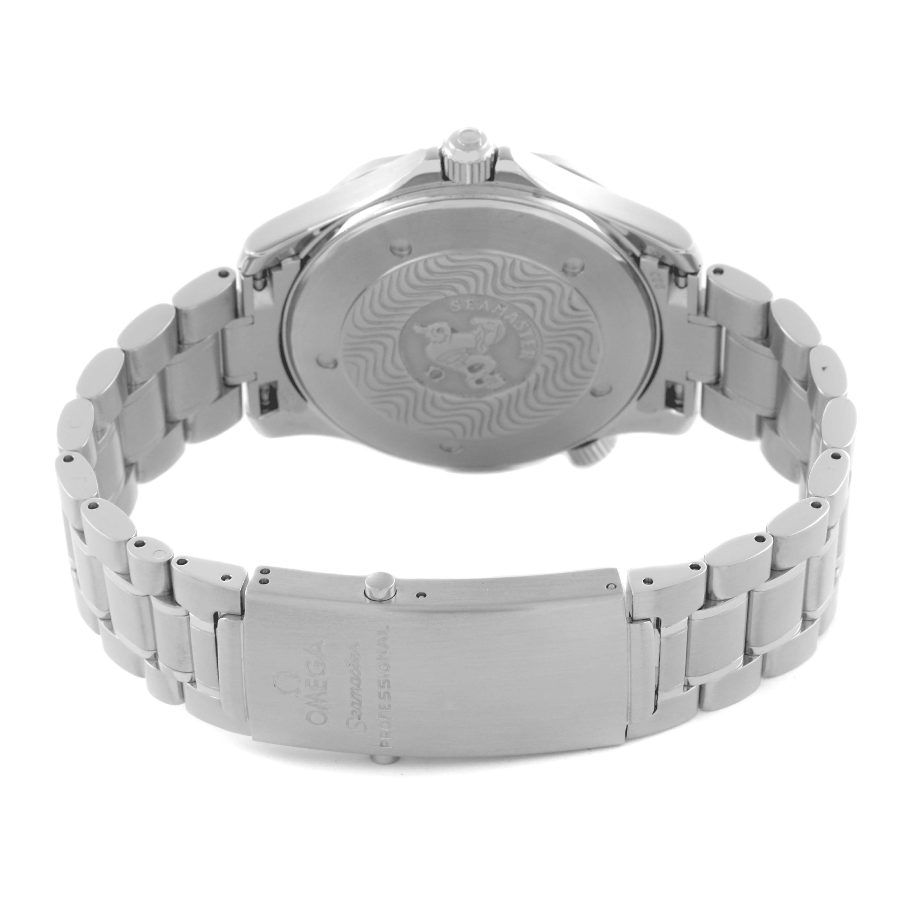 The Omega Seamaster 2264.50.00 Men's Stainless Steel Black Dial 2264.50.00 Men's Stainless Steel Black Dial watch is shown from the back, highlighting the case back, bracelet, and clasp.