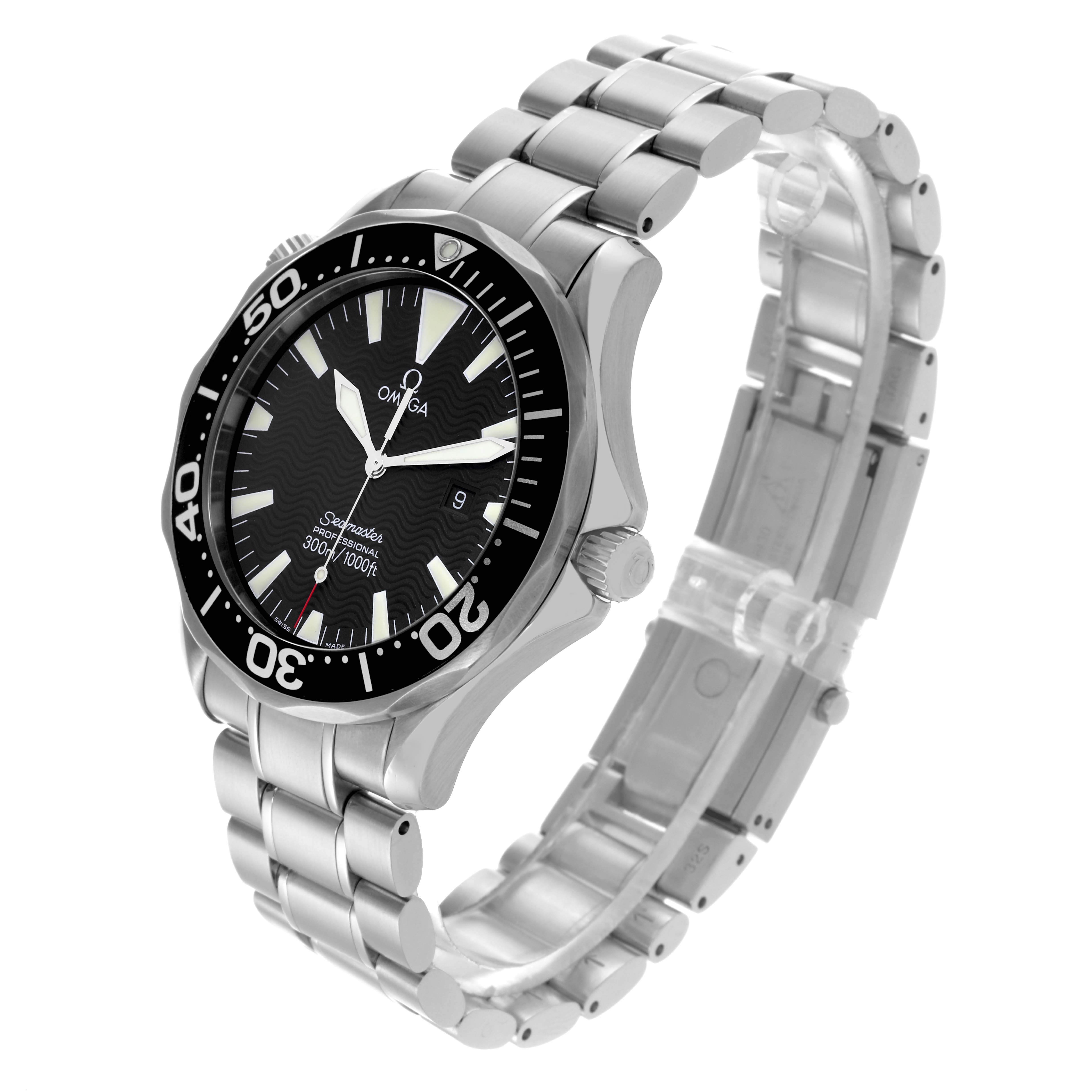 The Omega Seamaster 2264.50.00 Men's Stainless Steel Black Dial 2264.50.00 Men's Stainless Steel Black Dial watch is shown at a three-quarter angle, displaying the dial, bezel, crown, and metal bracelet.