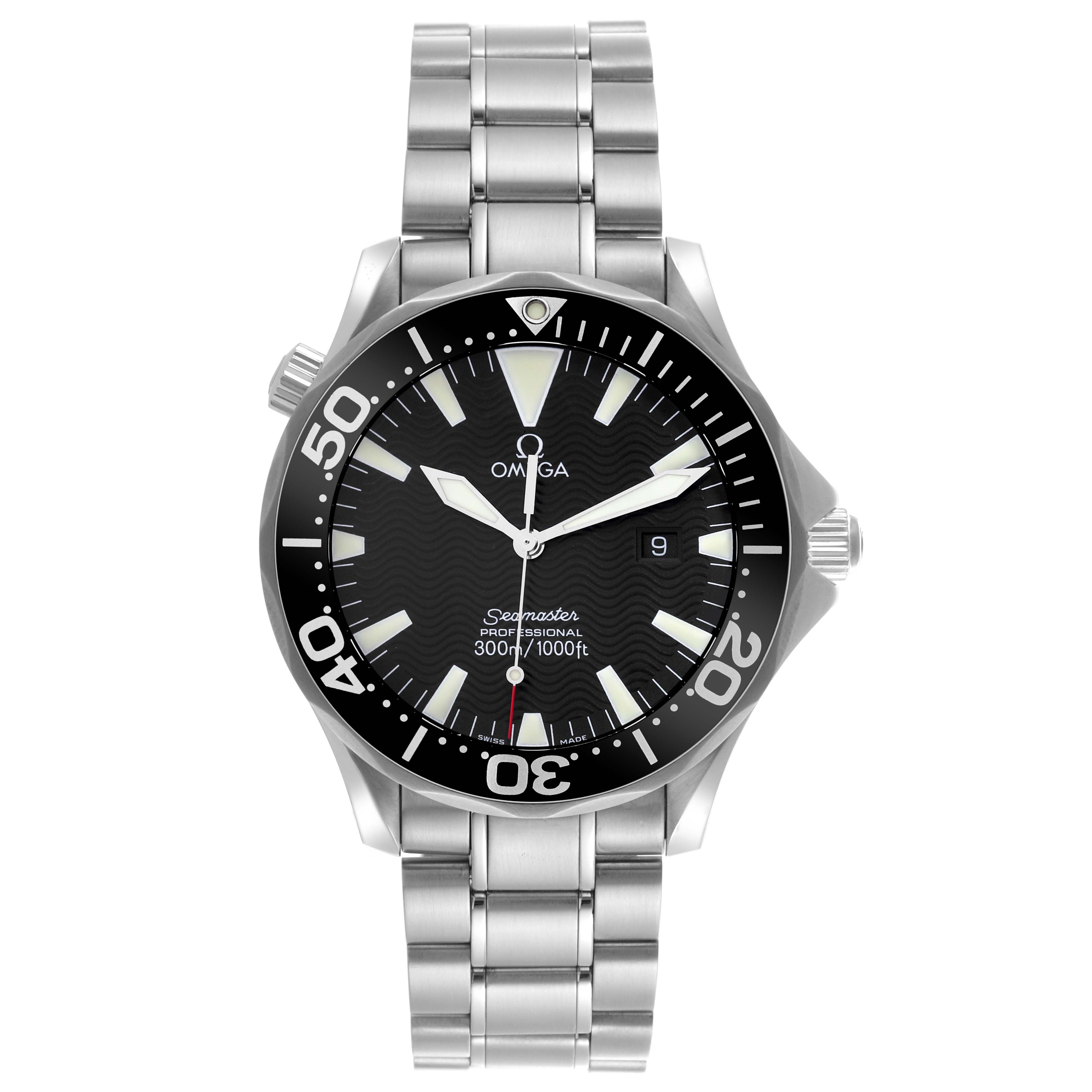The image shows a front view of an Omega Seamaster 2264.50.00 Men's Stainless Steel Black Dial 2264.50.00 Men's Stainless Steel Black Dial watch, highlighting the dial, bezel, and bracelet.