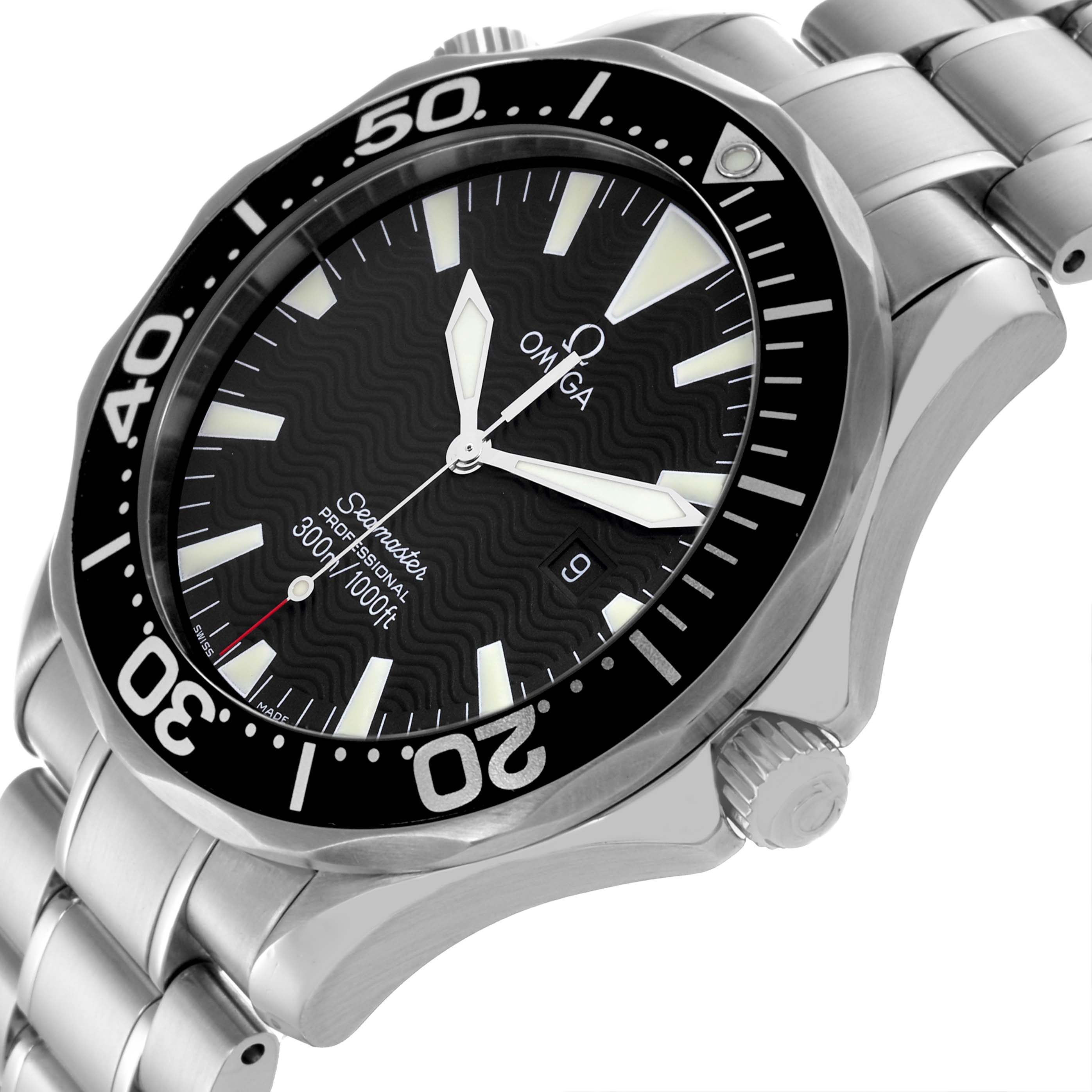 The image shows an angled view of the Omega Seamaster 2264.50.00 Men's Stainless Steel Black Dial 2264.50.00 Men's Stainless Steel Black Dial watch, highlighting the face, bezel, crown, and bracelet.