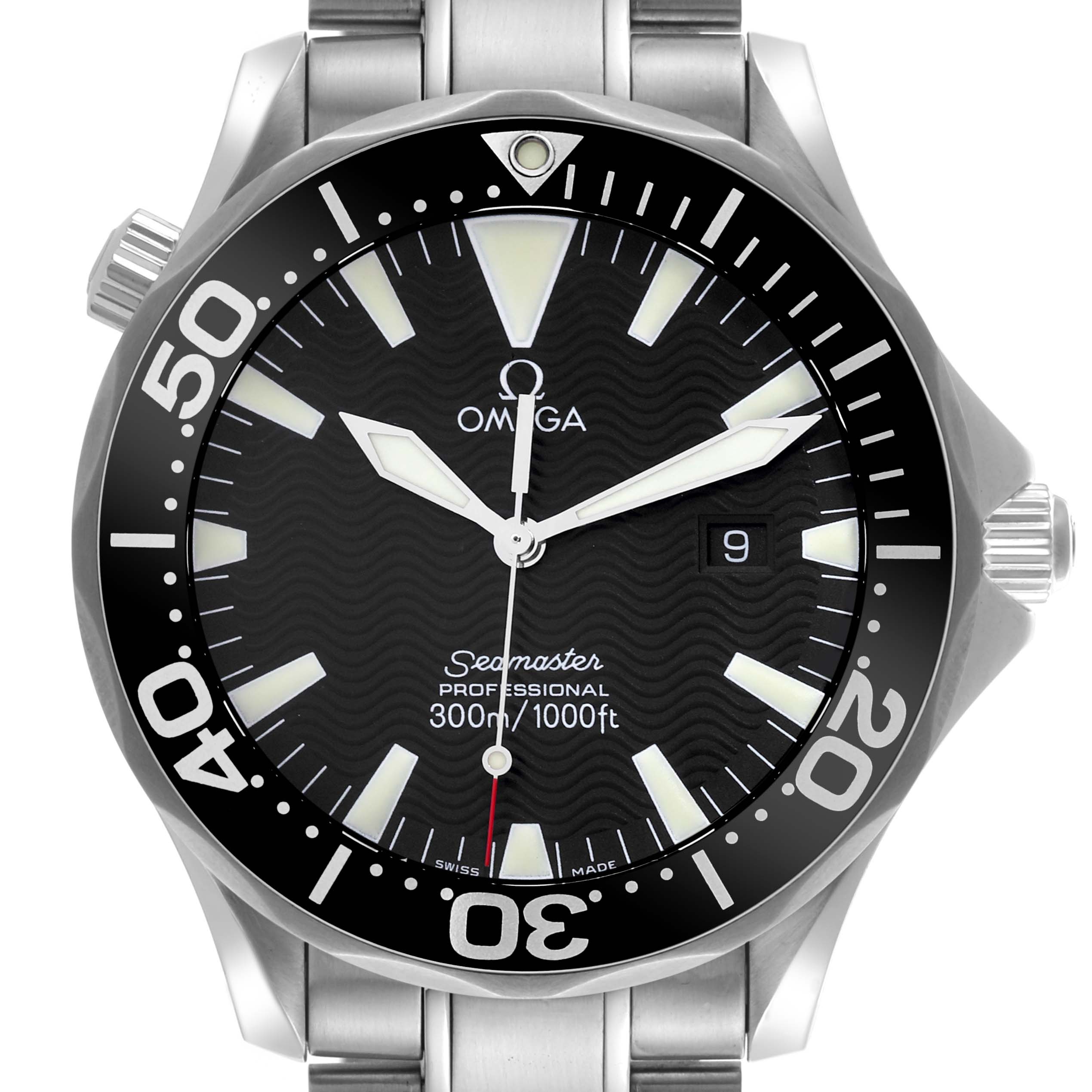 The image shows a front view of the Omega Seamaster 2264.50.00 Men's Stainless Steel Black Dial 2264.50.00 Men's Stainless Steel Black Dial watch, highlighting the dial, bezel, and crown.