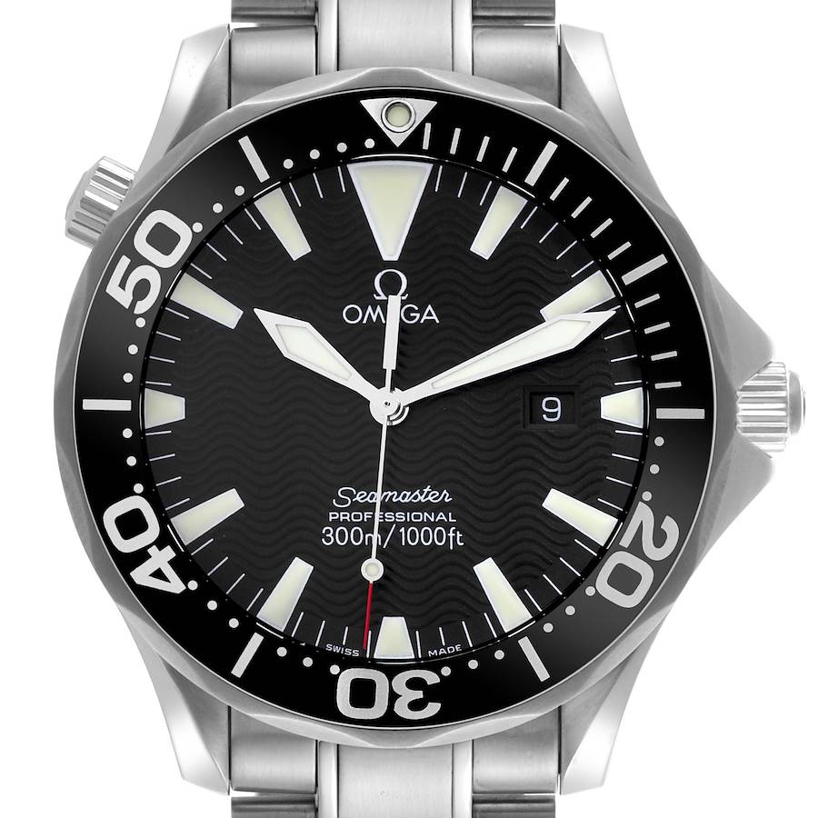 The image shows a front view of the Omega Seamaster watch, highlighting the dial, bezel, and crown.