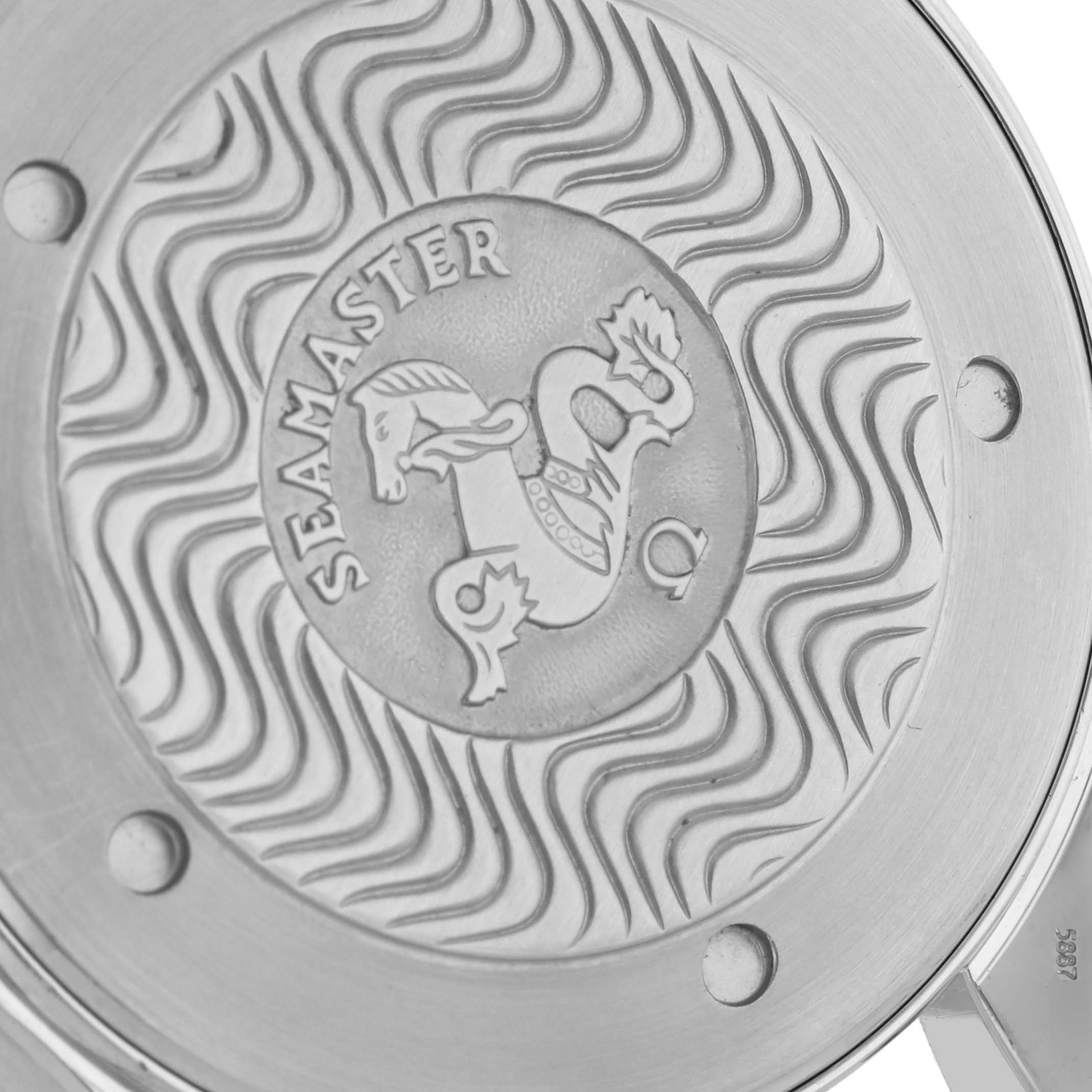 The image shows the embossed case back of an Omega Seamaster 2264.50.00 Men's Stainless Steel Black Dial 2264.50.00 Men's Stainless Steel Black Dial watch, featuring a wave pattern and seahorse motif.