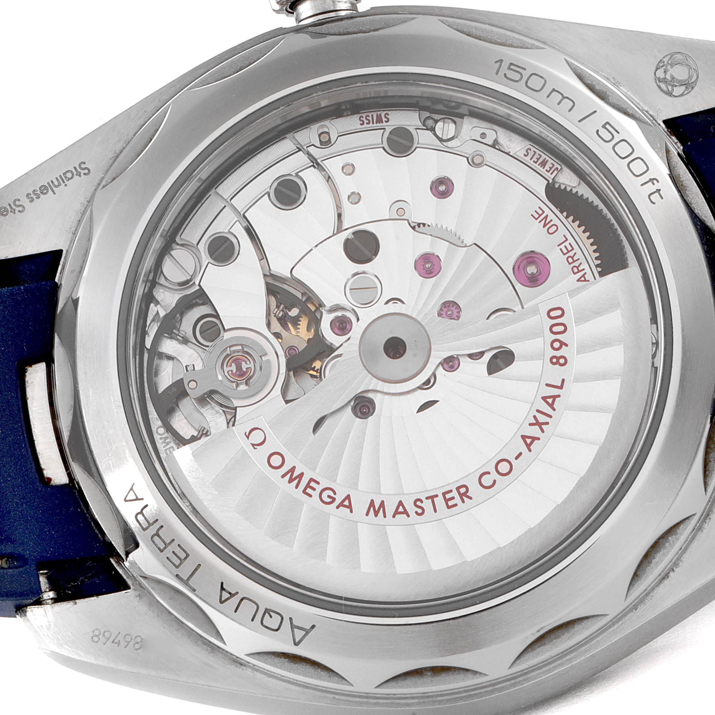 This image shows the open case back view of the Omega Aqua Terra 220.12.41.21.03.001 Men's Stainless Steel Blue Dial 220.12.41.21.03.001 Men's Stainless Steel Blue Dial watch highlighting its Co-Axial 8900 movement.