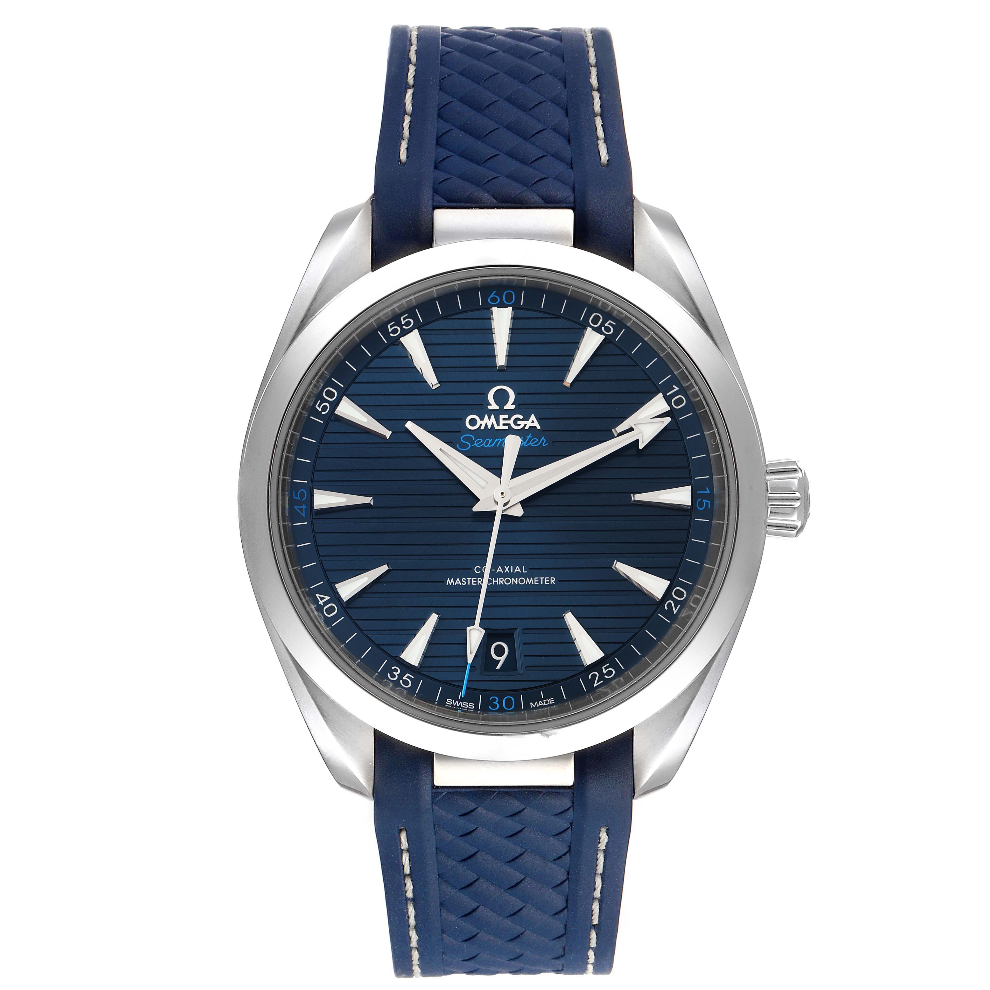 This image shows a front view of the Omega Aqua Terra 220.12.41.21.03.001 Men's Stainless Steel Blue Dial 220.12.41.21.03.001 Men's Stainless Steel Blue Dial watch, highlighting its blue dial and strap, and silver case.