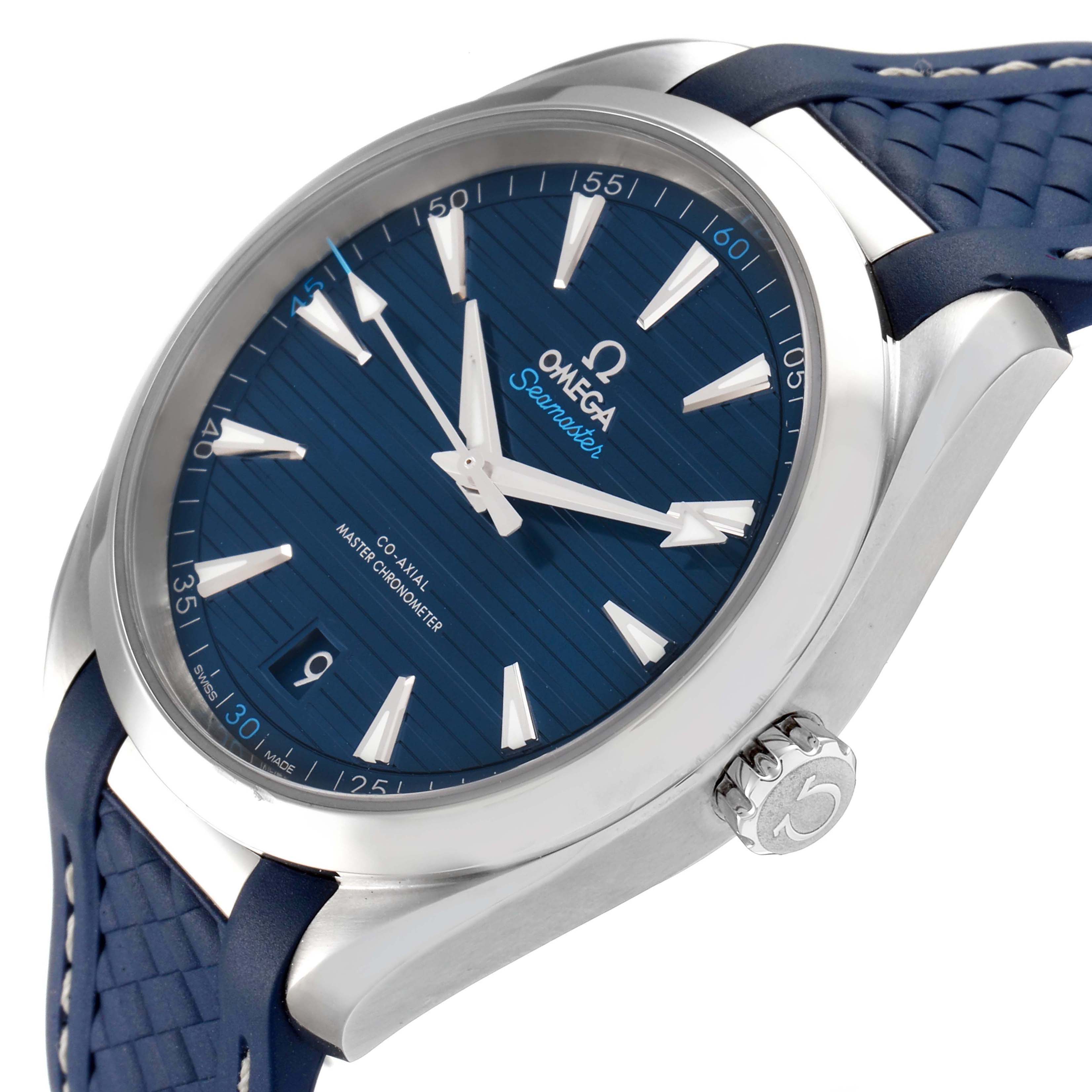 This image shows a close-up, angled view of the Omega Aqua Terra 220.12.41.21.03.001 Men's Stainless Steel Blue Dial 220.12.41.21.03.001 Men's Stainless Steel Blue Dial watch, highlighting the dial, hands, crown, and part of the strap.