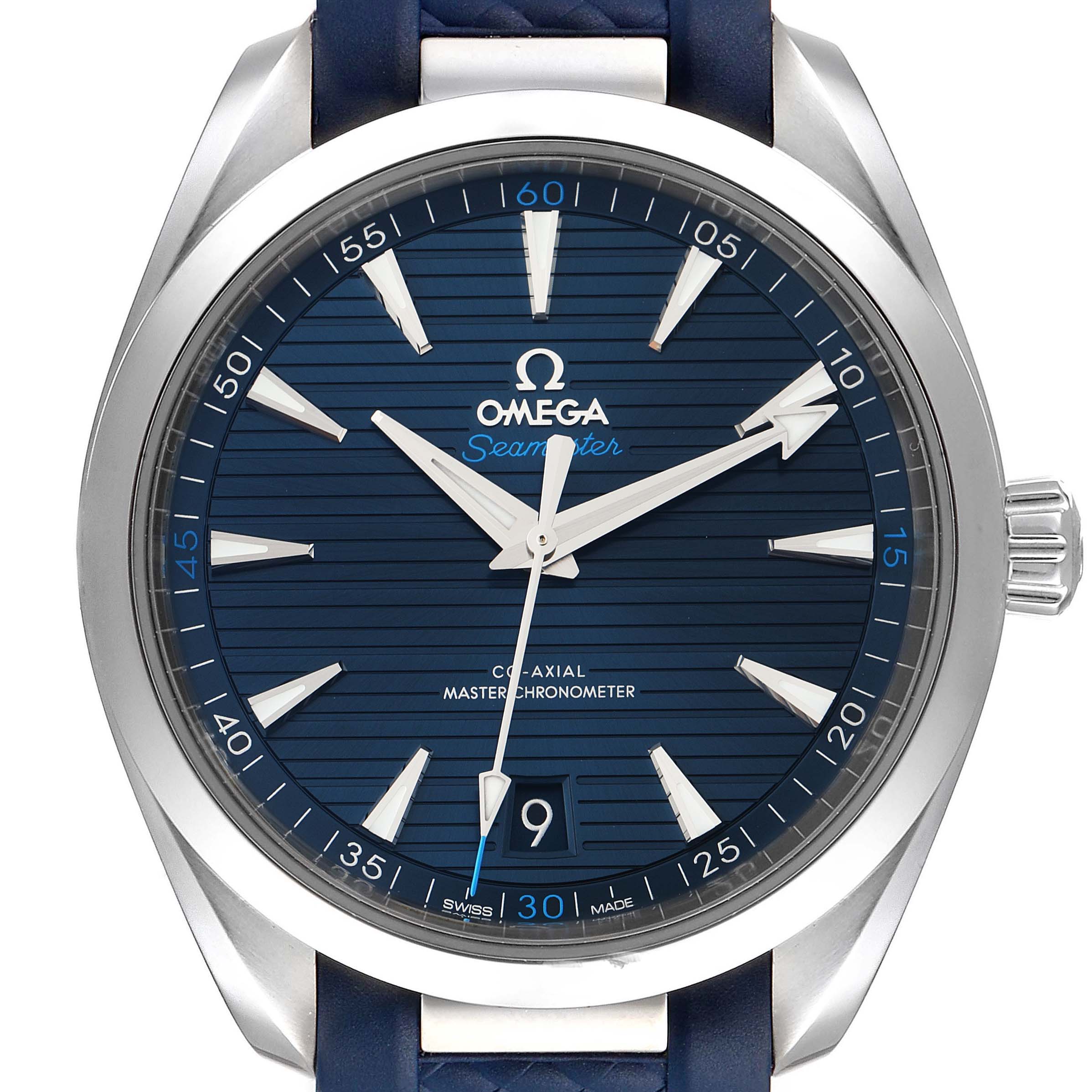 The image shows a front view of the Omega Aqua Terra 220.12.41.21.03.001 Men's Stainless Steel Blue Dial 220.12.41.21.03.001 Men's Stainless Steel Blue Dial watch, displaying its face, bezel, and part of the strap.