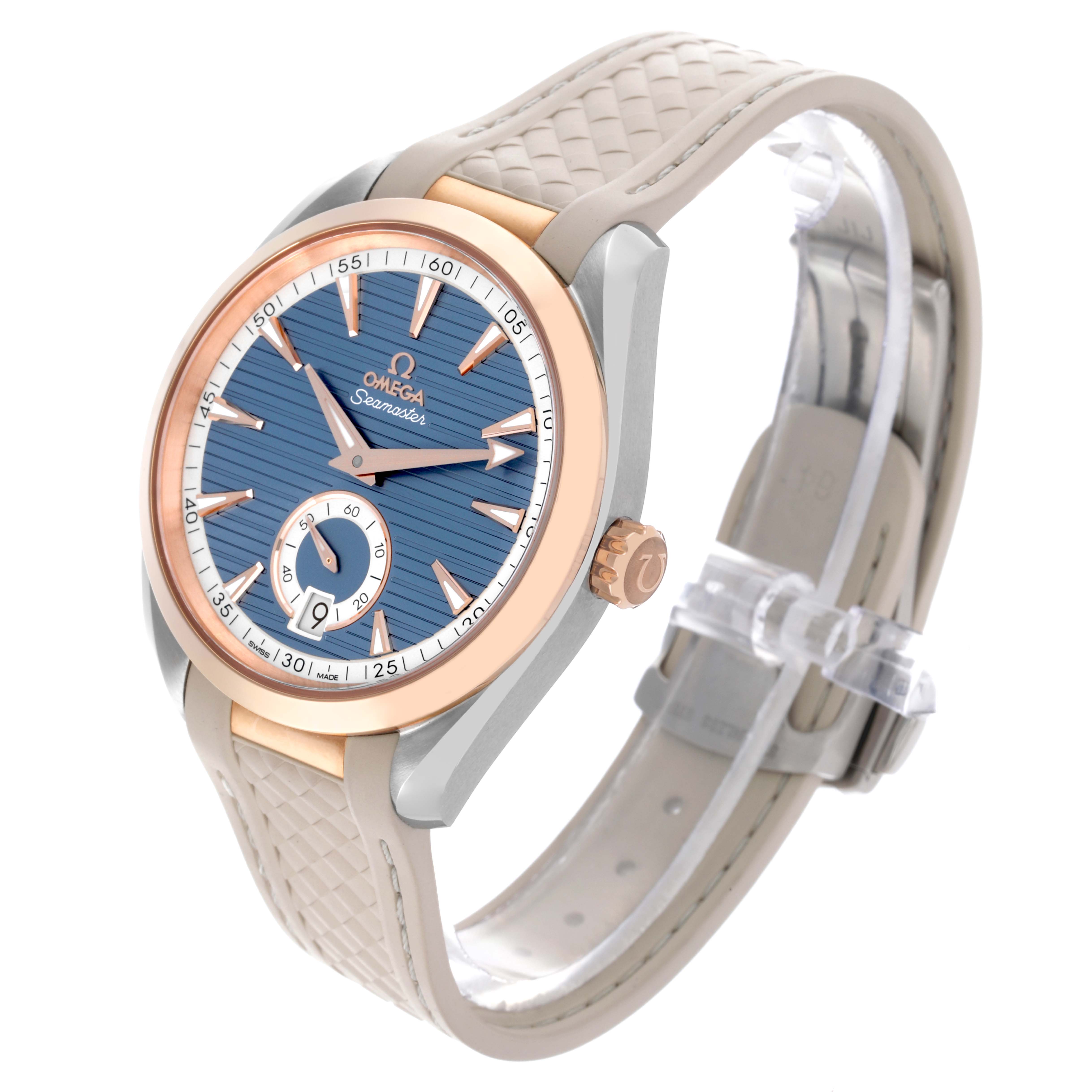 The Omega Aqua Terra 220.22.41.21.03.001 Men's Steel and Gold (two tone) Blue Dial 220.22.41.21.03.001 Men's Steel and Gold (two tone) Blue Dial watch is shown at a slight angle, featuring the face, crown, and textured strap.