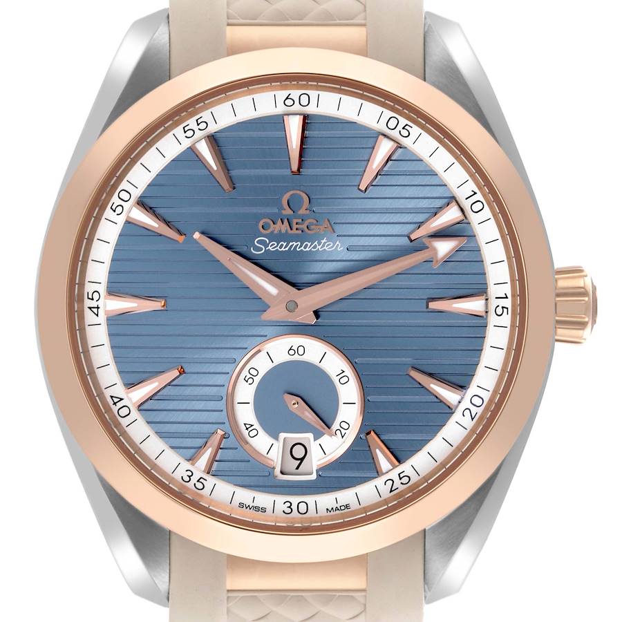 The Omega Aqua Terra watch is shown from the front, displaying the dial, hands, and date window.