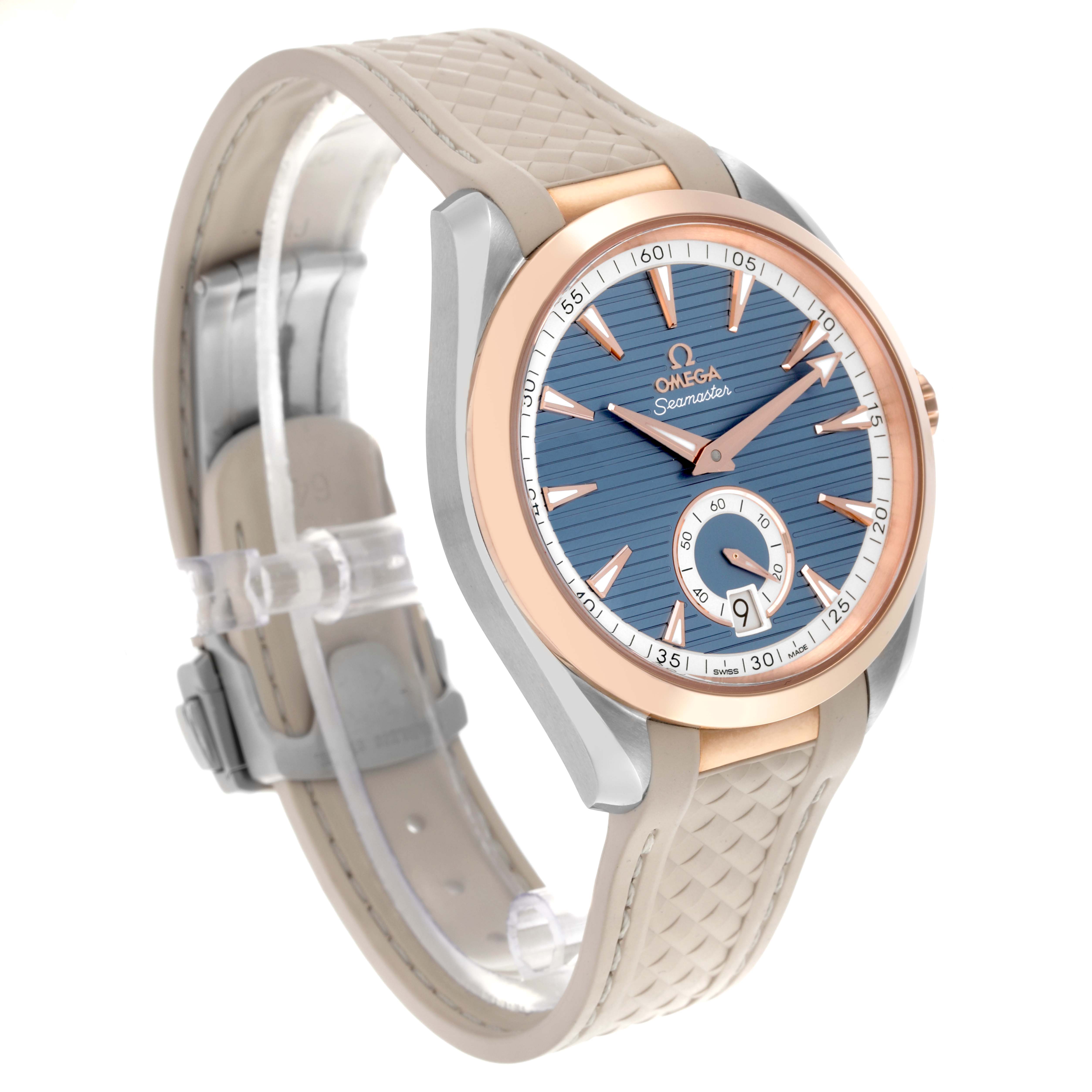 The Omega Aqua Terra 220.22.41.21.03.001 Men's Steel and Gold (two tone) Blue Dial 220.22.41.21.03.001 Men's Steel and Gold (two tone) Blue Dial watch is shown at a slight angle, displaying its face, bezel, and strap clearly.