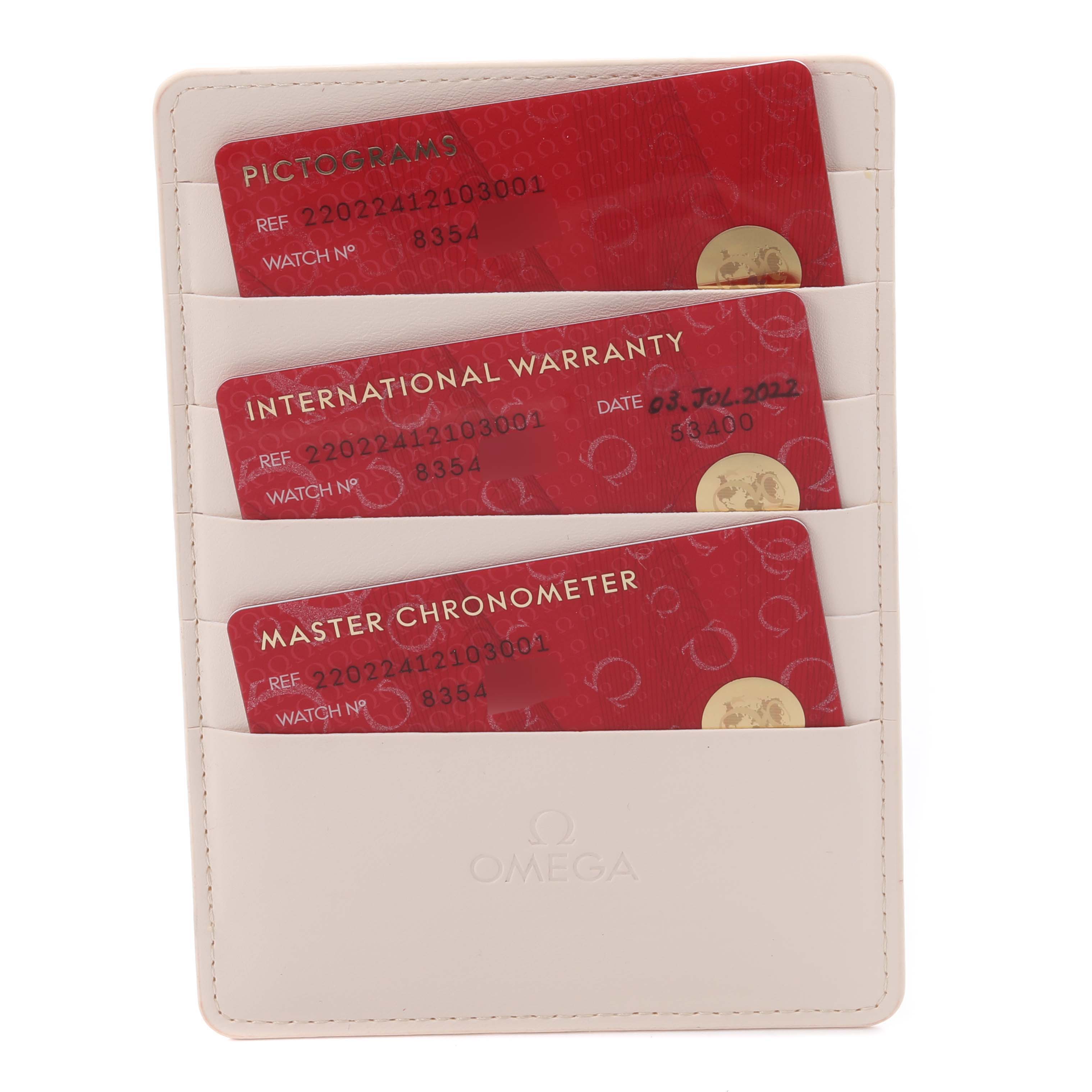 This image shows a set of cards for an Omega Aqua Terra 220.22.41.21.03.001 Men's Steel and Gold (two tone) Blue Dial 220.22.41.21.03.001 Men's Steel and Gold (two tone) Blue Dial watch in a beige cardholder.