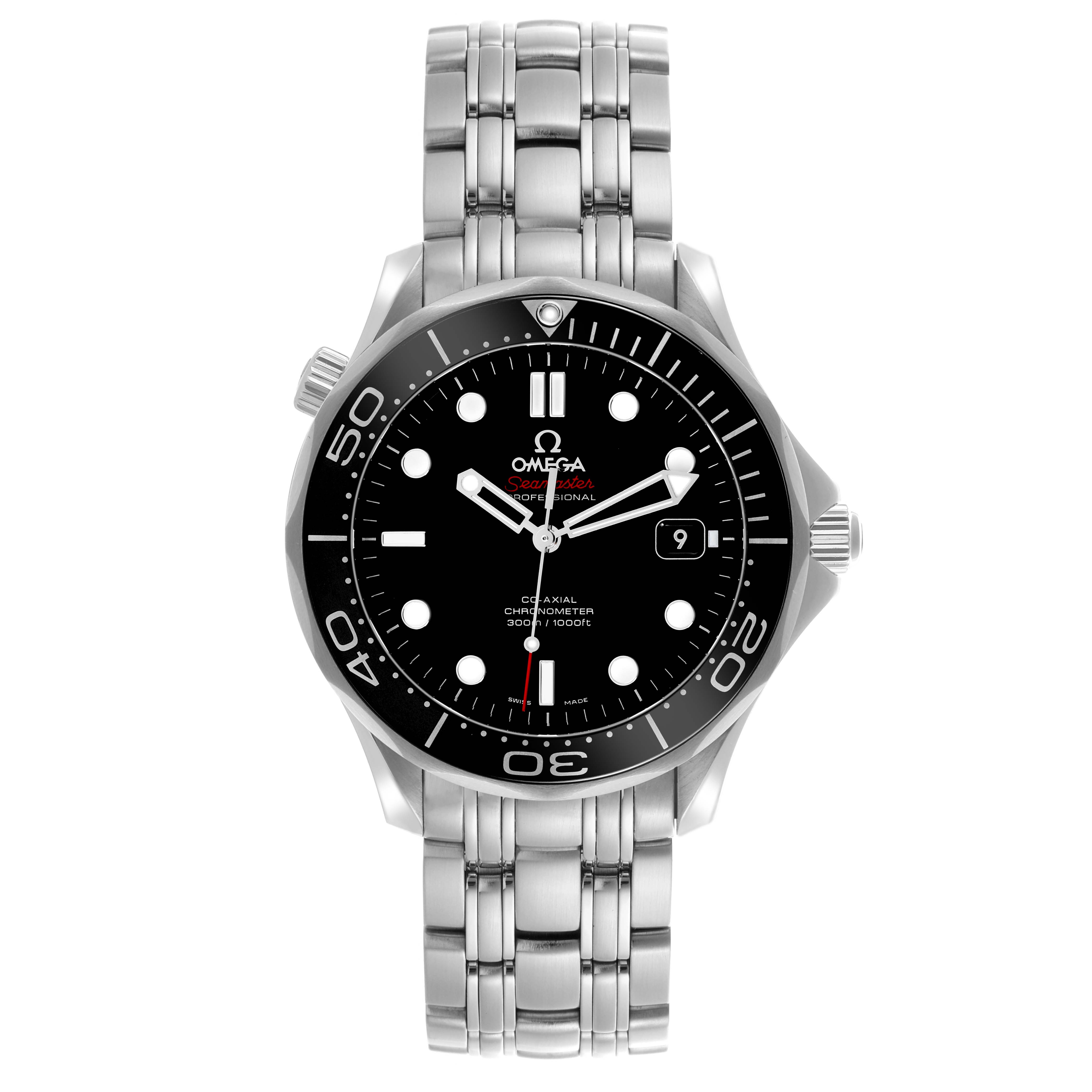The Omega Seamaster 212.30.41.20.01.003 Men
s Stainless Steel Black Dial 212.30.41.20.01.003 Men
s Stainless Steel Black Dial watch is shown from the front, featuring its bezel, dial, and bracelet.