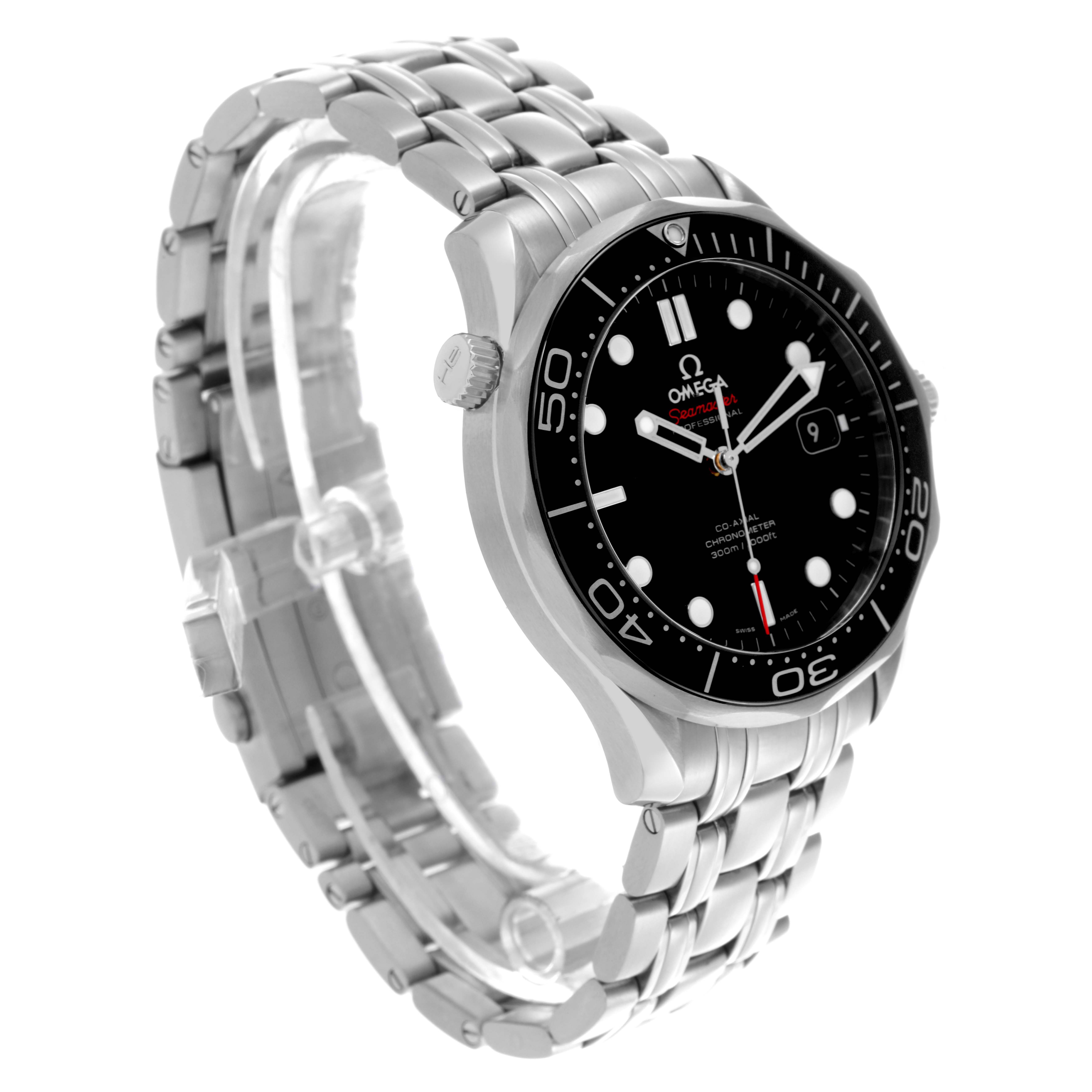 The Omega Seamaster 212.30.41.20.01.003 Men
s Stainless Steel Black Dial 212.30.41.20.01.003 Men
s Stainless Steel Black Dial is shown at a three-quarters angle, highlighting the dial, bezel, and metal bracelet.