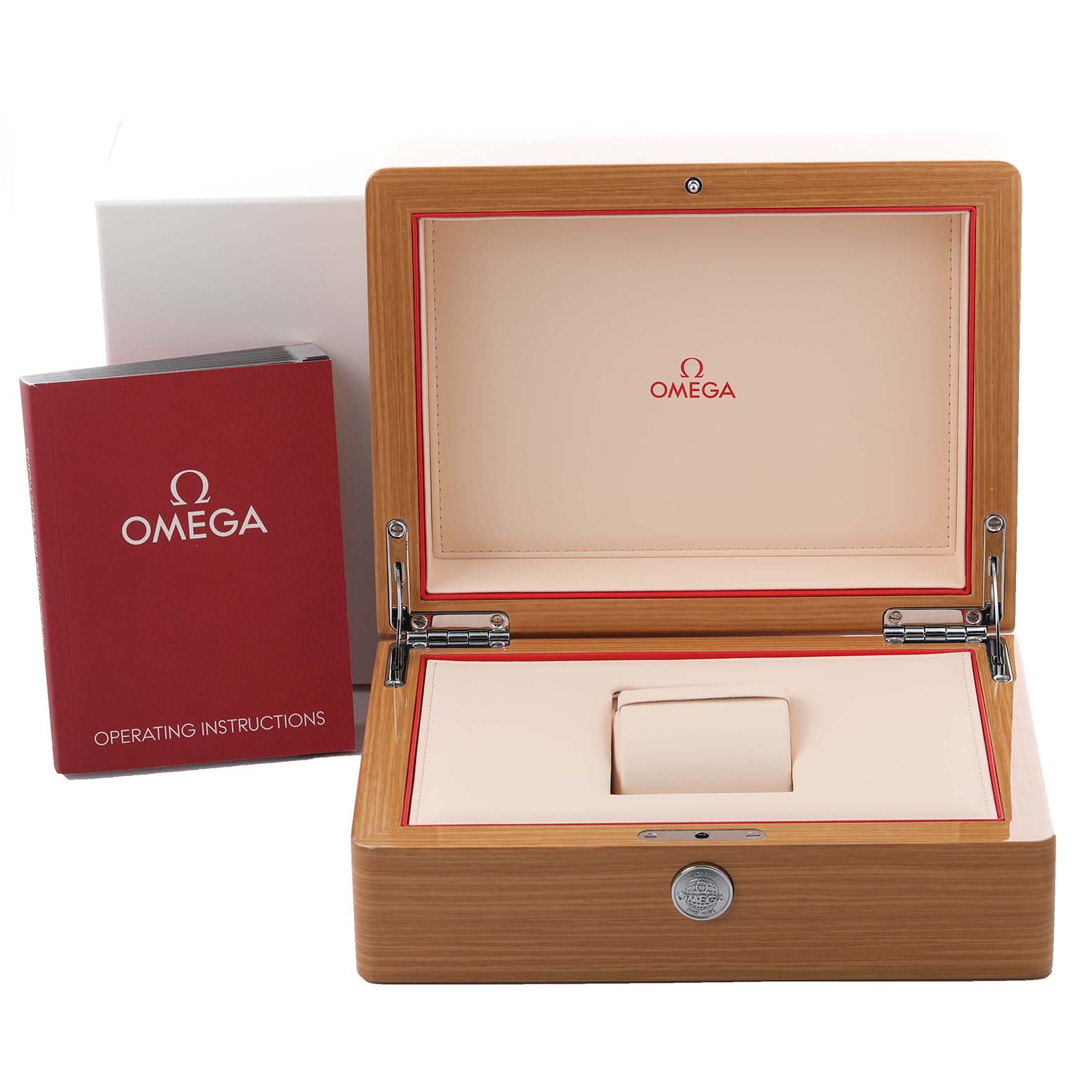 The image shows the Omega Seamaster 212.30.41.20.01.003 Men
s Stainless Steel Black Dial 212.30.41.20.01.003 Men
s Stainless Steel Black Dial watch box open, with operating instructions beside it.