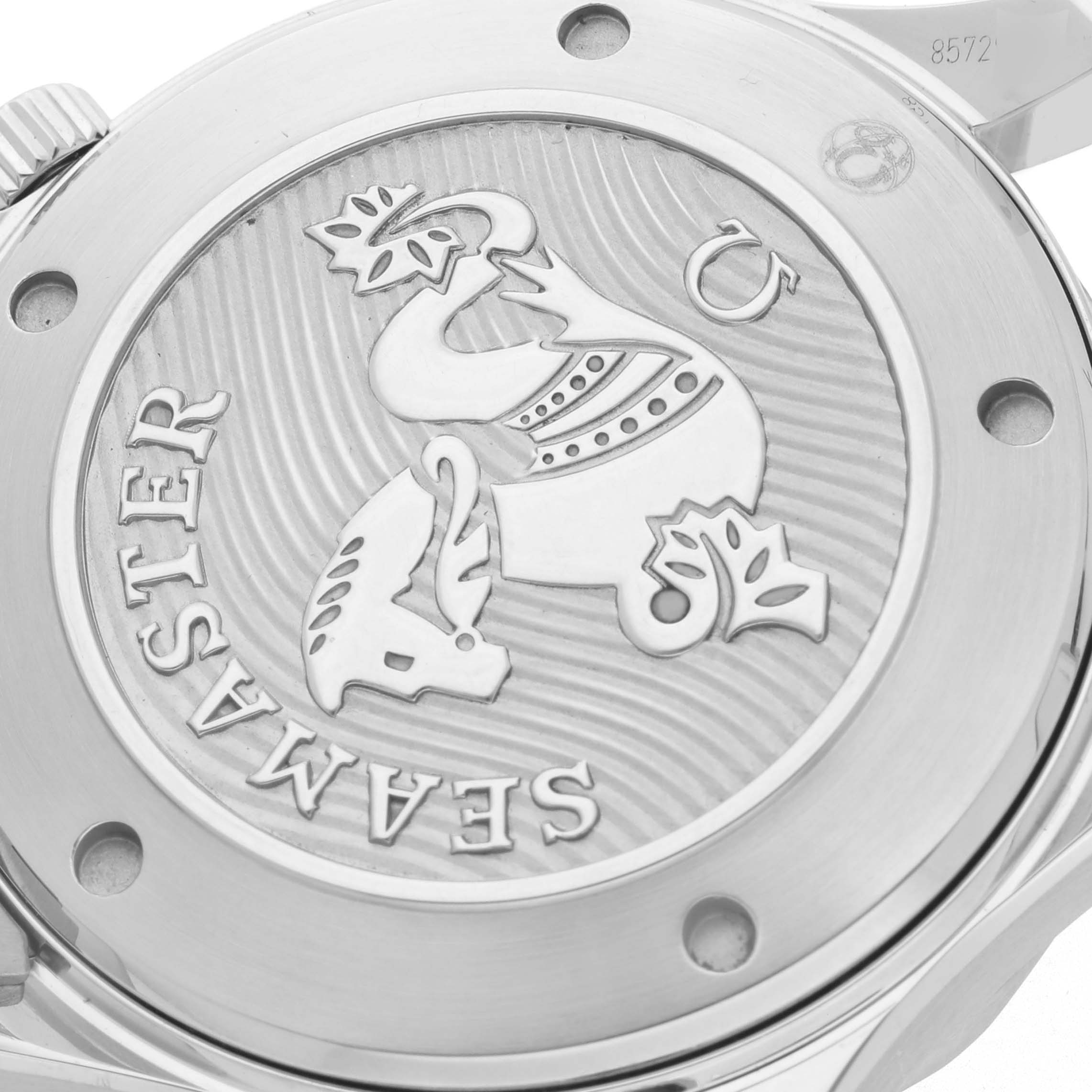 The image shows the back case of the Omega Seamaster 212.30.41.20.01.003 Men
s Stainless Steel Black Dial 212.30.41.20.01.003 Men
s Stainless Steel Black Dial watch with a decorative engraving and branding.