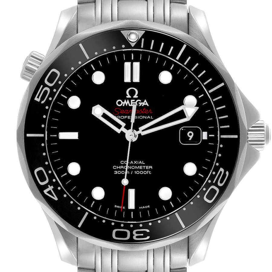 The Omega Seamaster watch is shown from a front angle, displaying its bezel, dial, hands, markers, and part of the stainless steel bracelet.