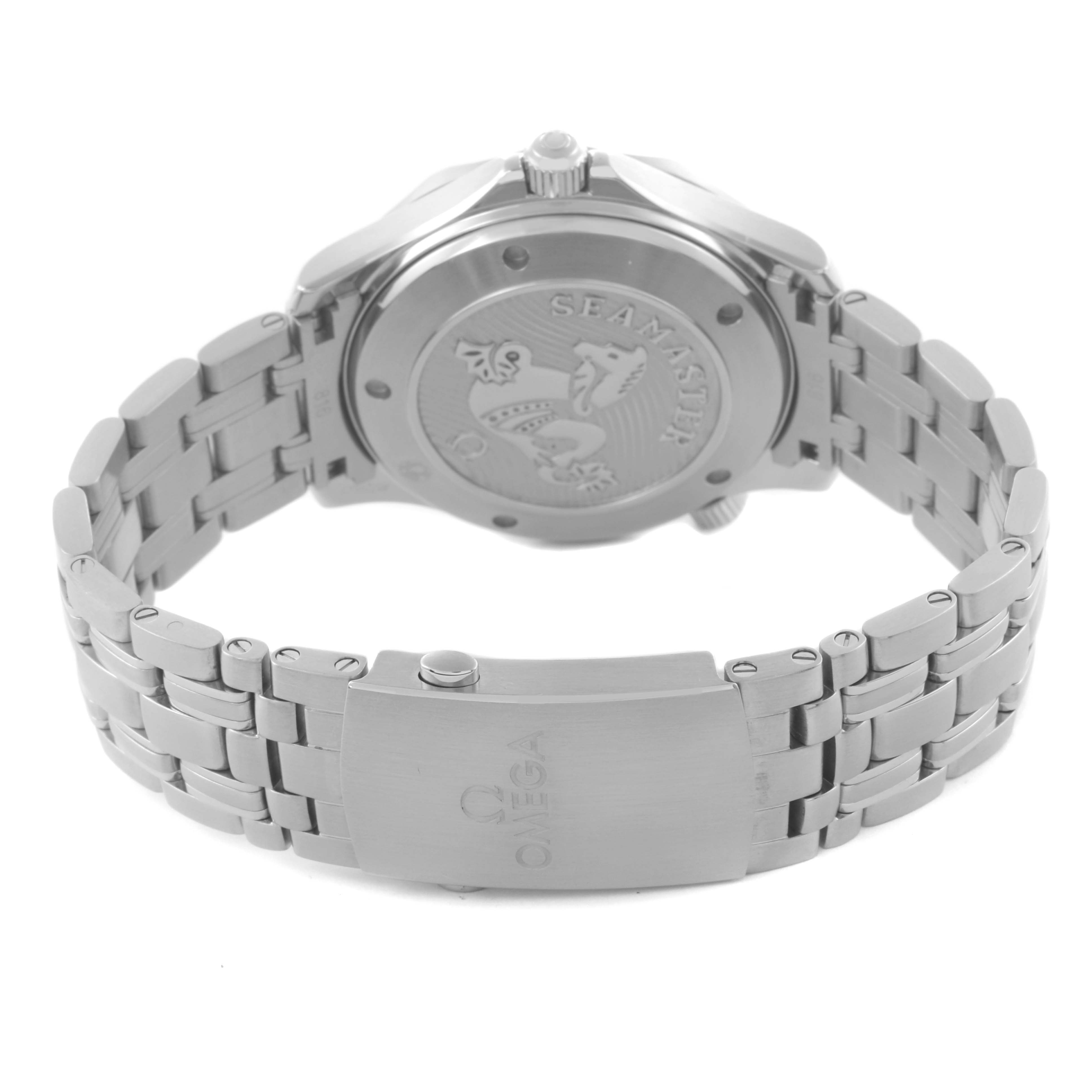 The image shows the back view of an Omega Seamaster 212.30.41.20.01.003 Men
s Stainless Steel Black Dial 212.30.41.20.01.003 Men
s Stainless Steel Black Dial watch, highlighting the case back and metal bracelet clasp.